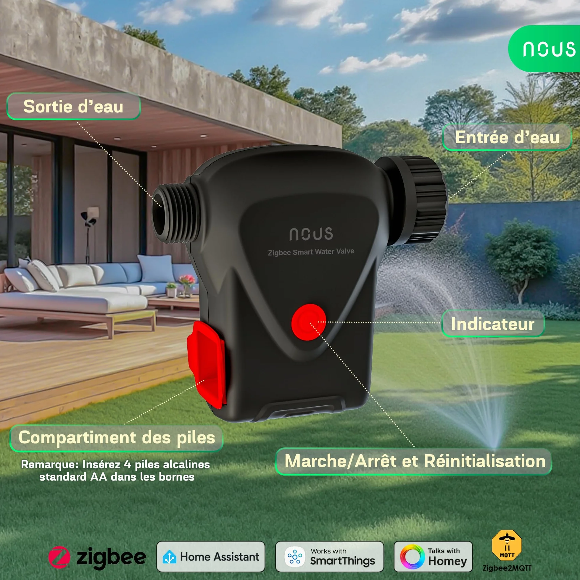 NOUS ZigBee inteligentny zawór kranowy, sterowanie nawadnianiem, IP66, kompatybilny z Alexa, Google Assistant, Smart Life, timerem i pilotem zdalnego sterowania z aplikacją, zasilanie bateryjne, 3/4