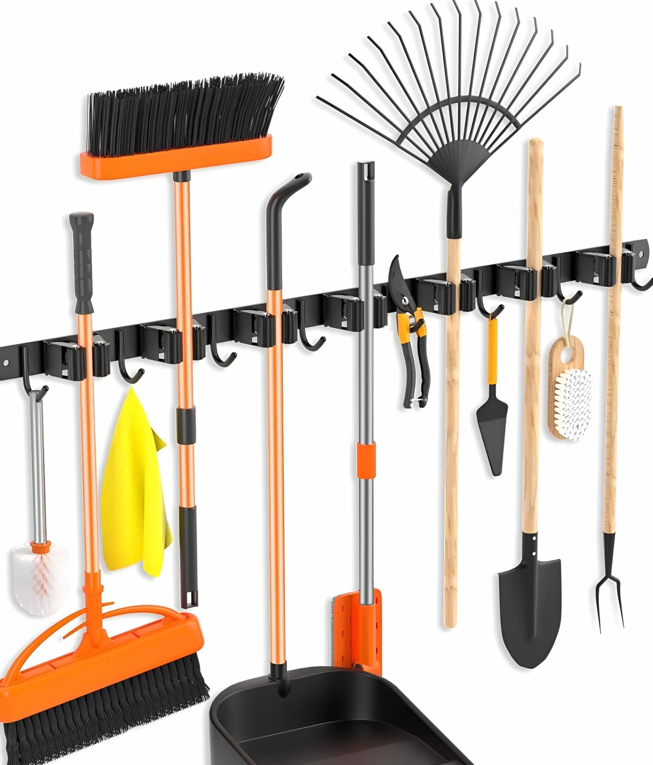 TOJ Living Uchwyt na miotłę na ścianę – narzędzia ogrodowe – uchwyt na miotłę – uchwyt ścienny – 7 uchwytów – 8 haczyków – 82 cm – stal nierdzewna – czarny