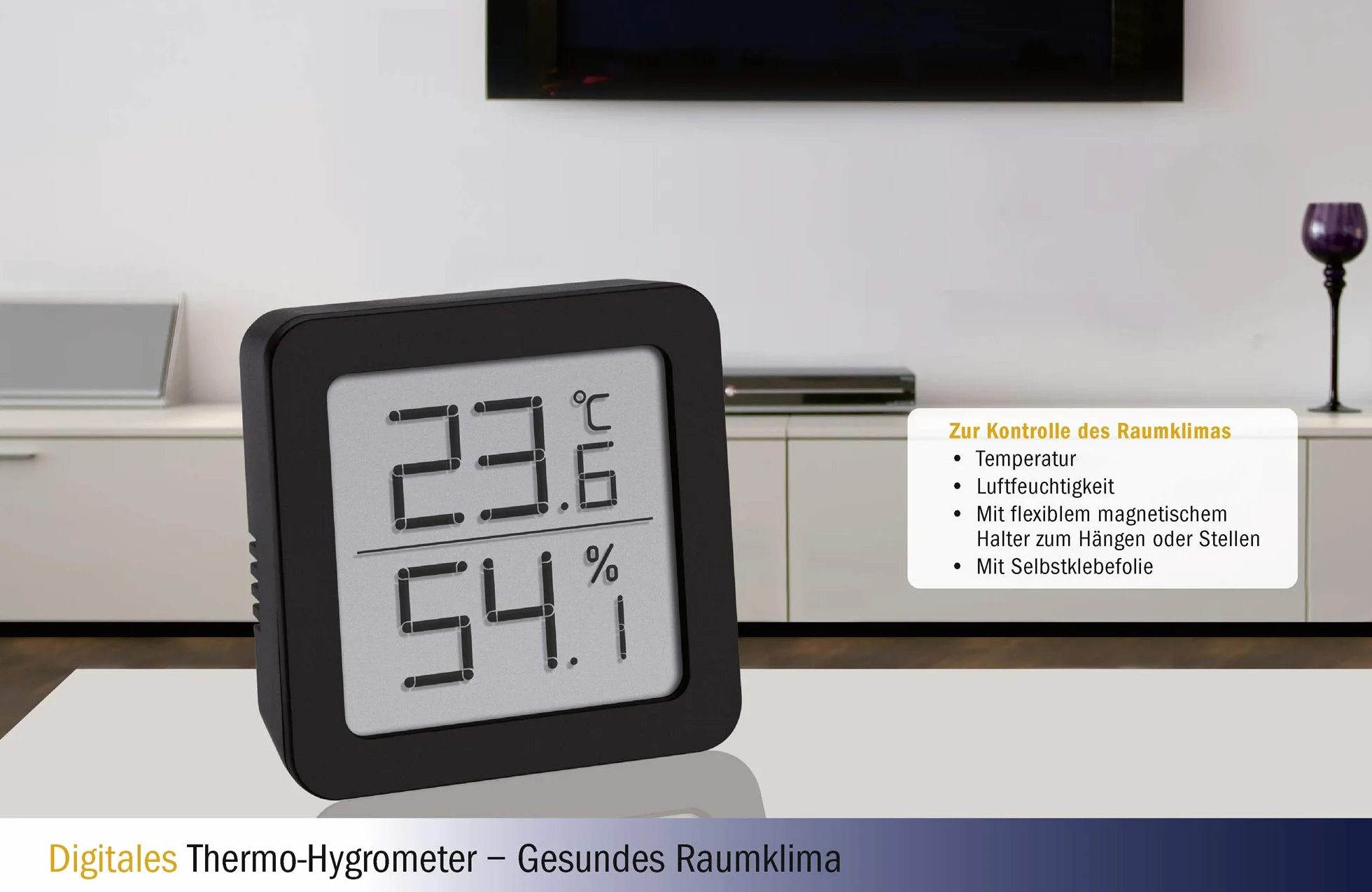 TFA Dostmann cyfrowy termo-higrometr, do kontroli klimatu w pomieszczeniu, mały i poręczny, czarny, dł. 70 x szer. 35 x wys. 110 mm