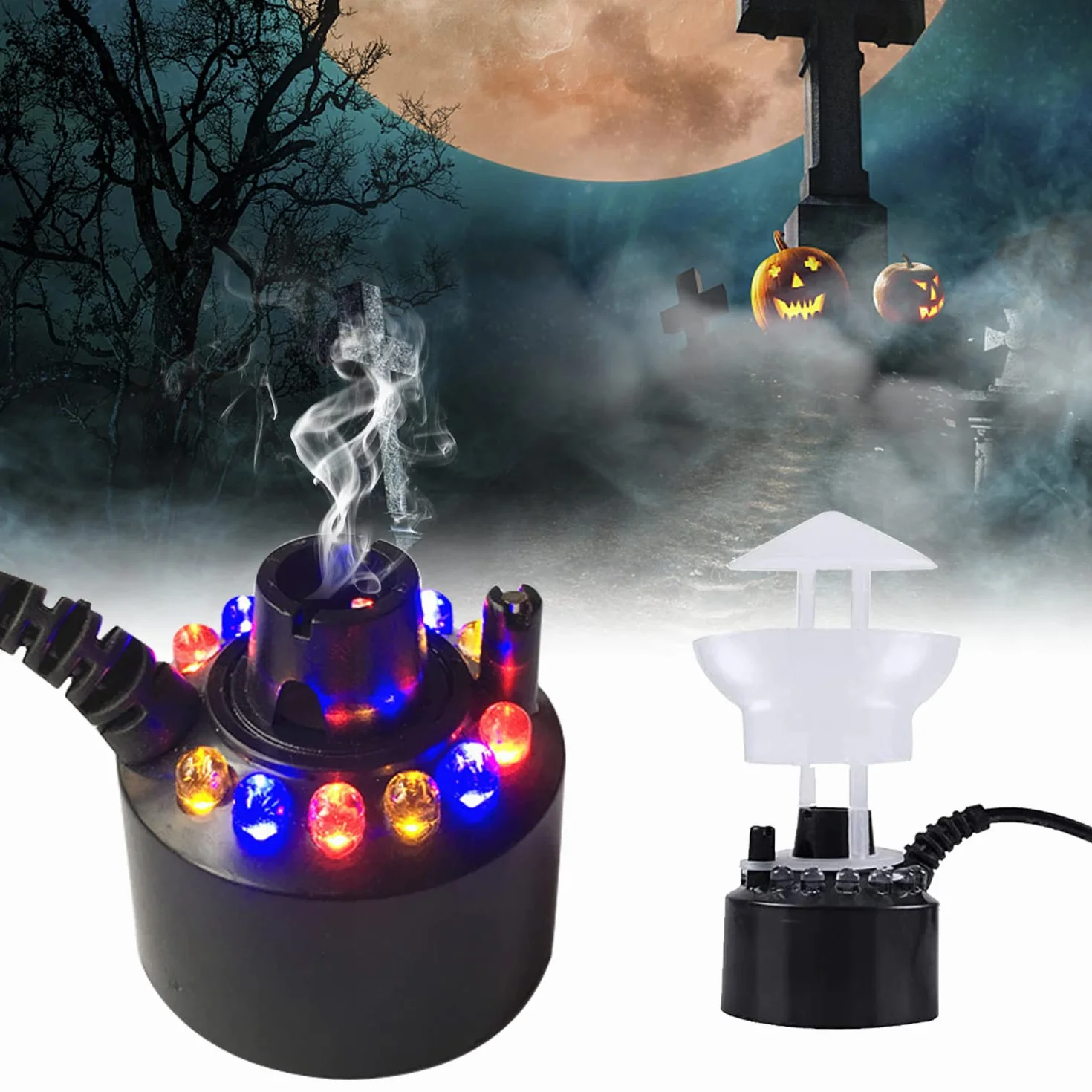 RoserRose Ultradźwiękowy nebulizator, 12 diod LED Three Color Gradient Atomizer Mist Maker Mgiełka wodna Fogger ze zdejmowaną ochroną przed pryskaniem, do fontanny, kociołka czarownicy Halloween