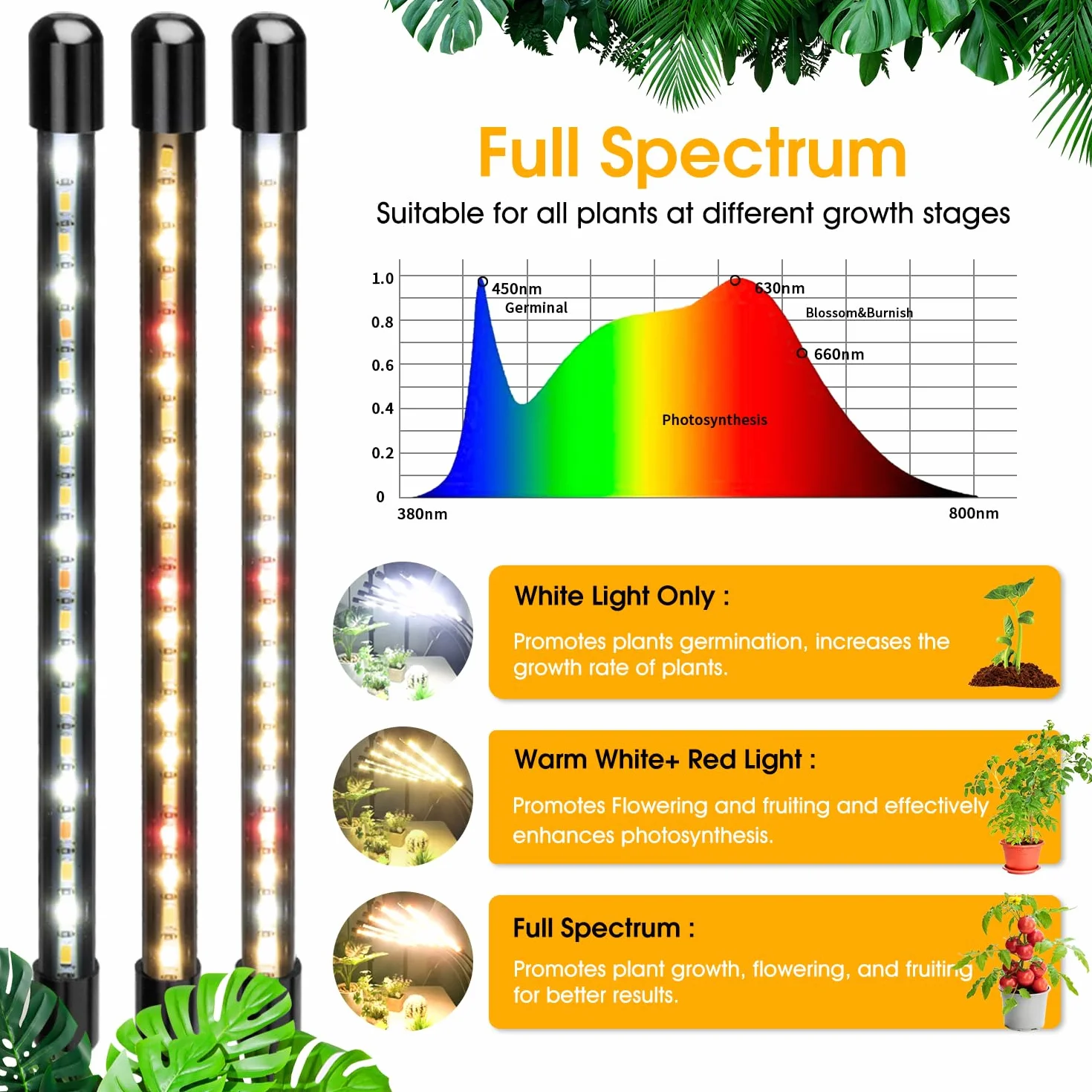 Wolezek Lampa LED do uprawy roślin, pełne spektrum, 5 głowic, 100 diod LED, lampa do uprawy roślin z timerem 6/12/16H, 3 tryby kolorów i 5 stopni ściemniania, lampa do uprawy roślin pokojowych