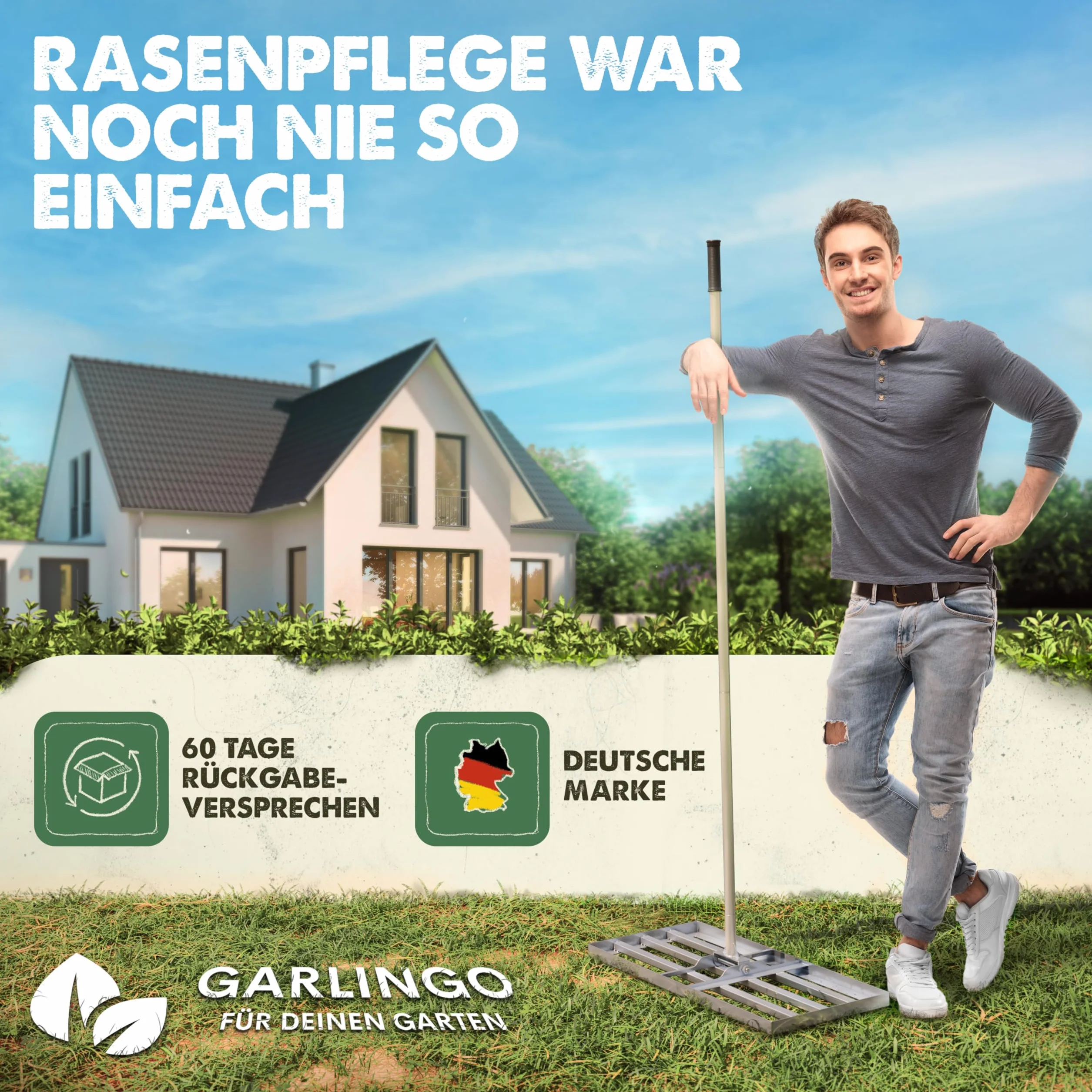 GARLINGO Szczotka do trawnika 75x35 cm z metalową rękowiec do piaskowania i aeracji