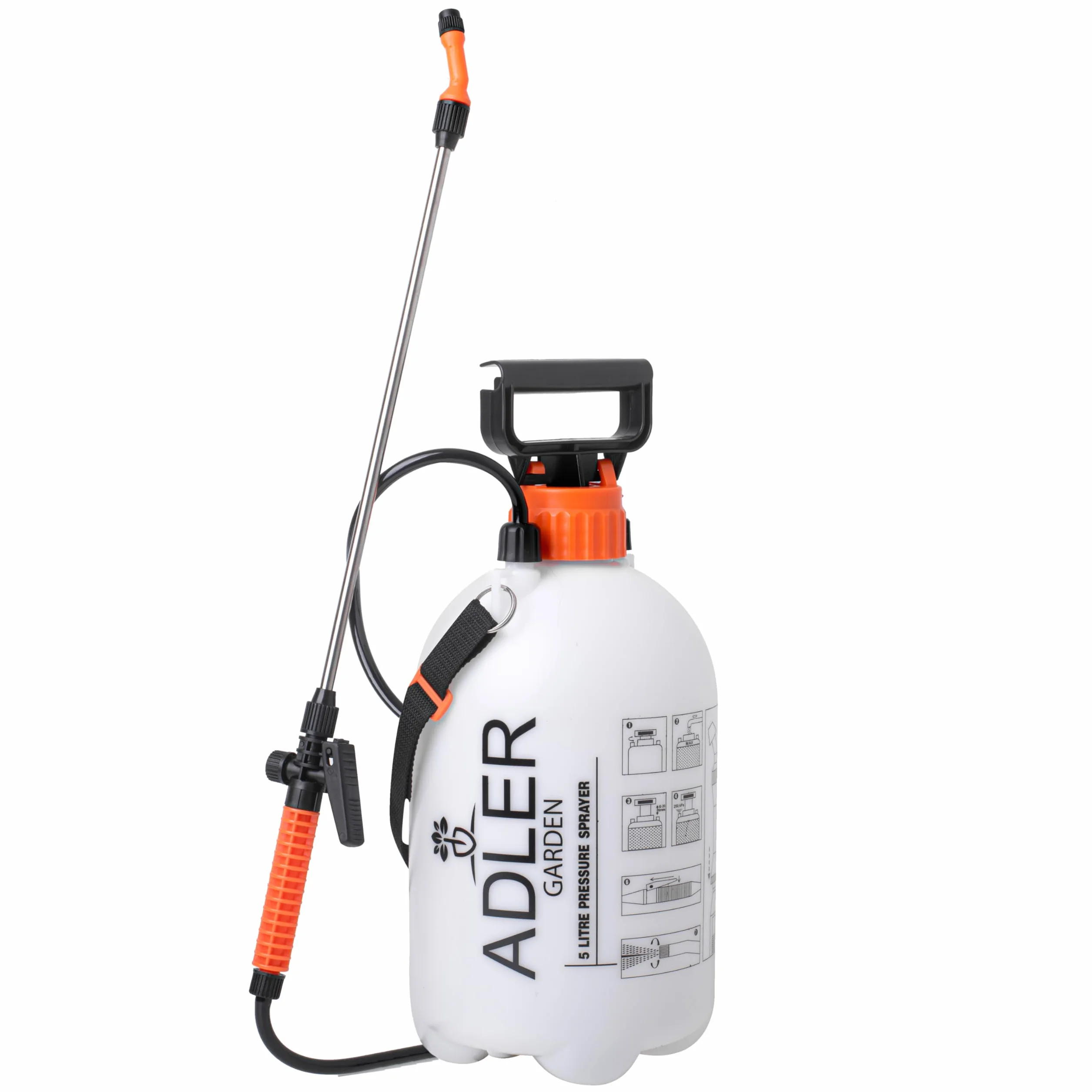 ADLER EUROPE - Opryskiwacz ciśnieniowy, opryskiwacz ogrodowy 5L, ciśnienie robocze 2,5 bara, dł. lancy 43 cm, wąż 130 cm, zawór bezpieczeństwa, funkcja pracy ciągłej, pasek na ramię, PP/PE, AD6806