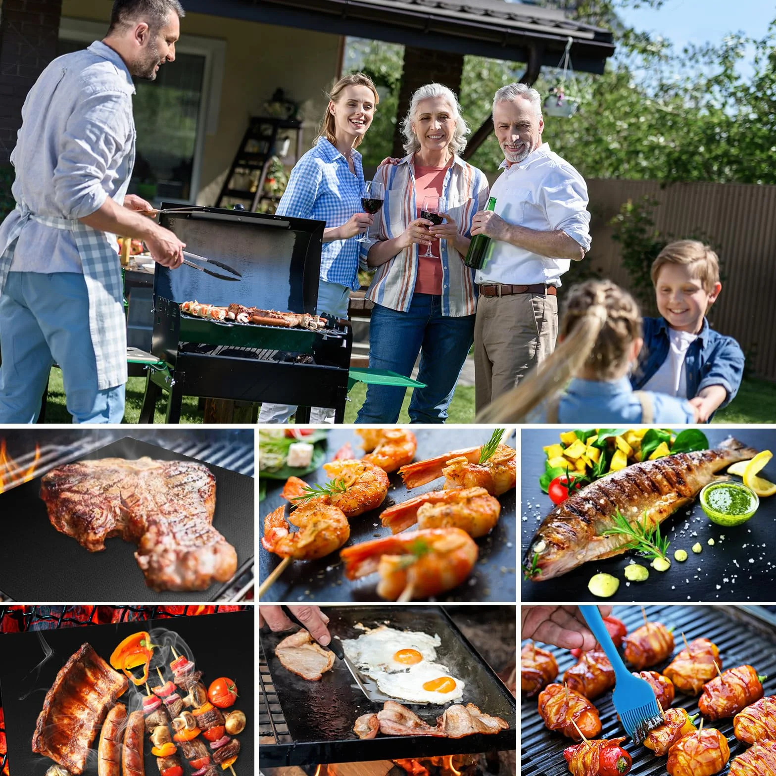 Zestaw 5 mat grillowych BBQ do grilli gazowych 60 x 40 cm, nieprzywierająca płyta grillowa wykonana z teflonu, papier do pieczenia wielokrotnego użytku z pędzelkiem i klipsem