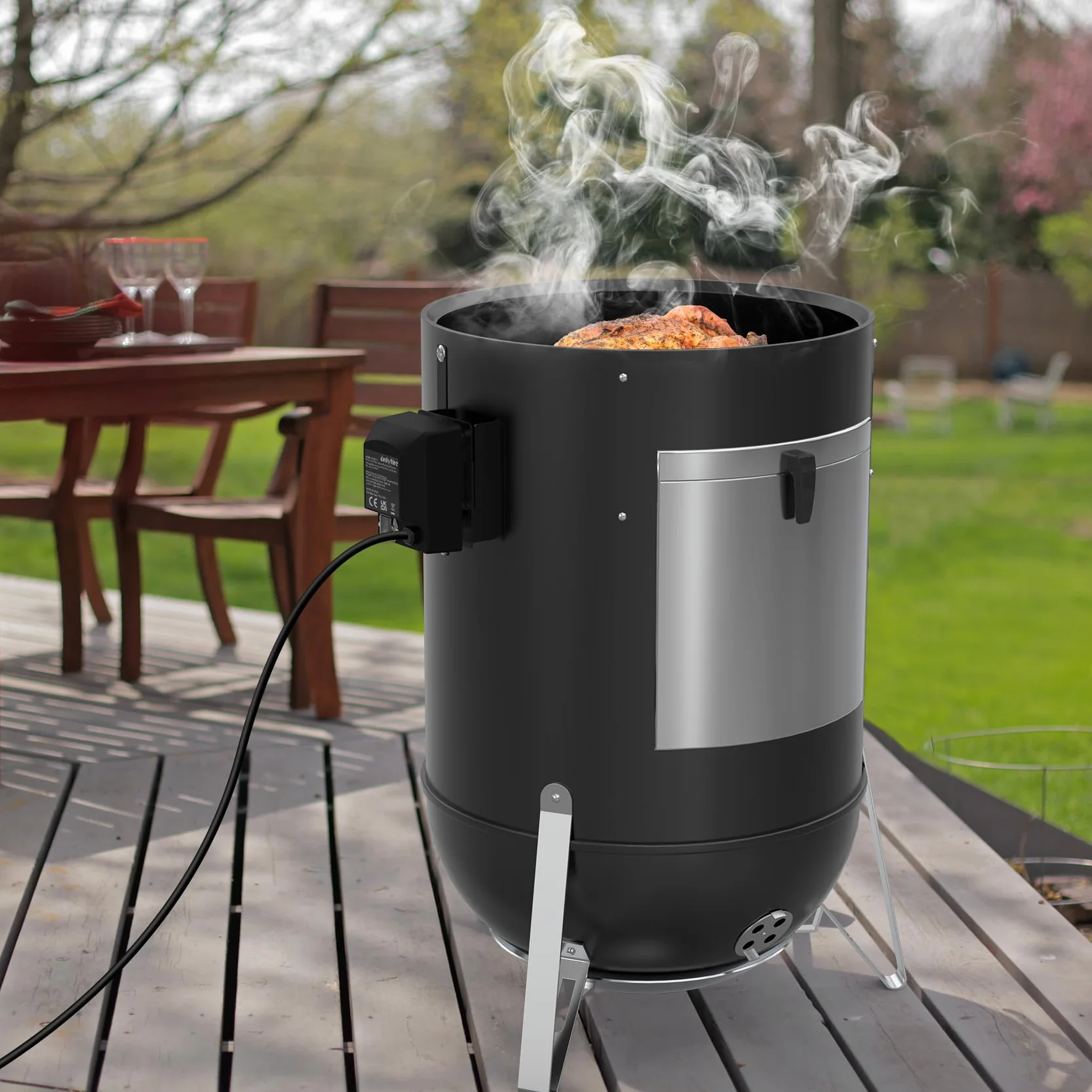 Onlyfire BRK-6099 Zestaw szpikulców do grilla ze stali nierdzewnej, rożen z silnikiem i 2 szpilki do mięsa do kuchenki Wędzarnia Grill na Węgiel Drzewny 57cm