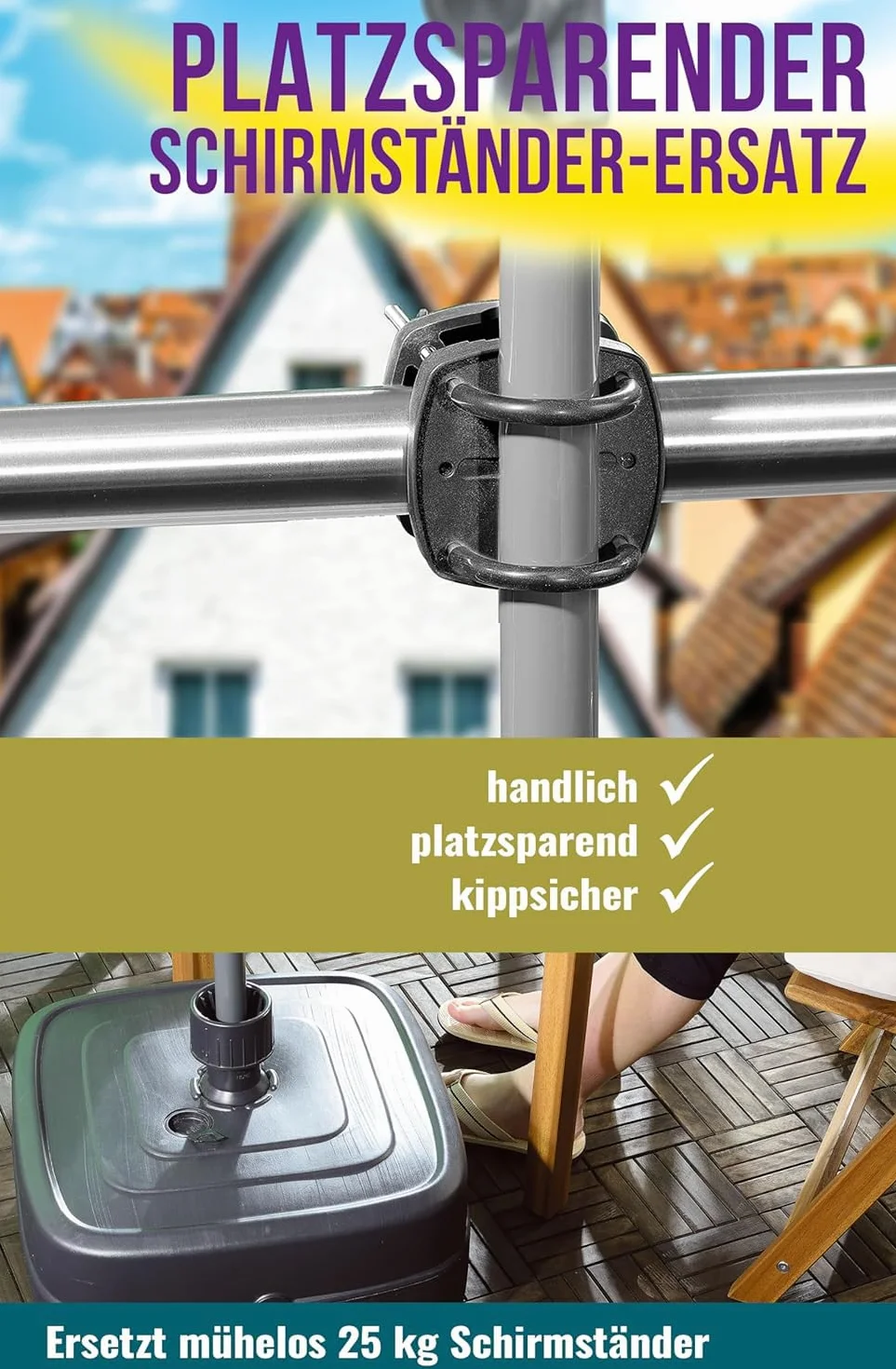 Uchwyt na parasol przeciwsłoneczny na balustradę balkonową – kompaktowy uchwyt na parasol balkonowy zastępuje nieporęczny stojak na parasole balkonowe do wszystkich parasoli, kolor czarny
