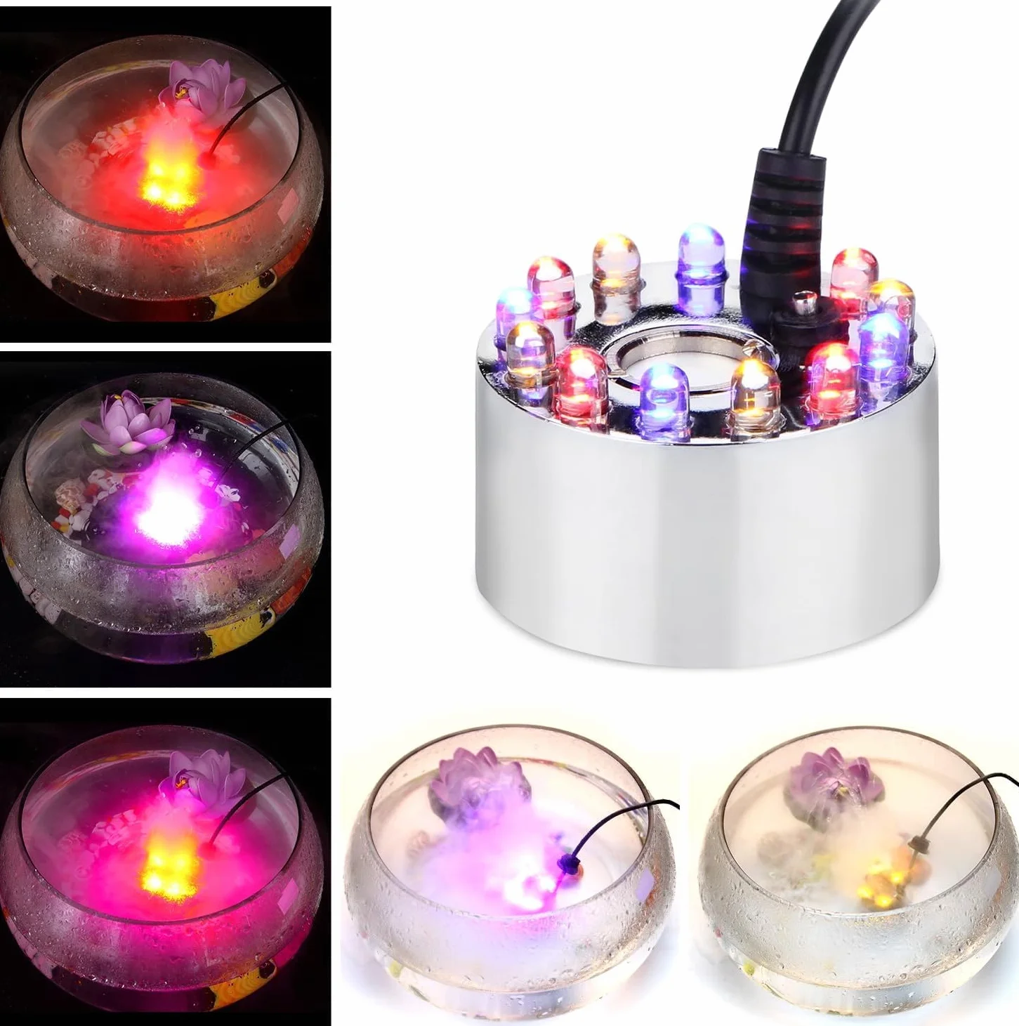 Mister Fogger, 12 LED Mini Maszyna do Mgły ze zmianą Koloru światła Fontanna Wewnętrzna Mist Maker Fogger Akcesoria do Fontann Wewnętrznych do Funkcji Wodnej Halloween Boże