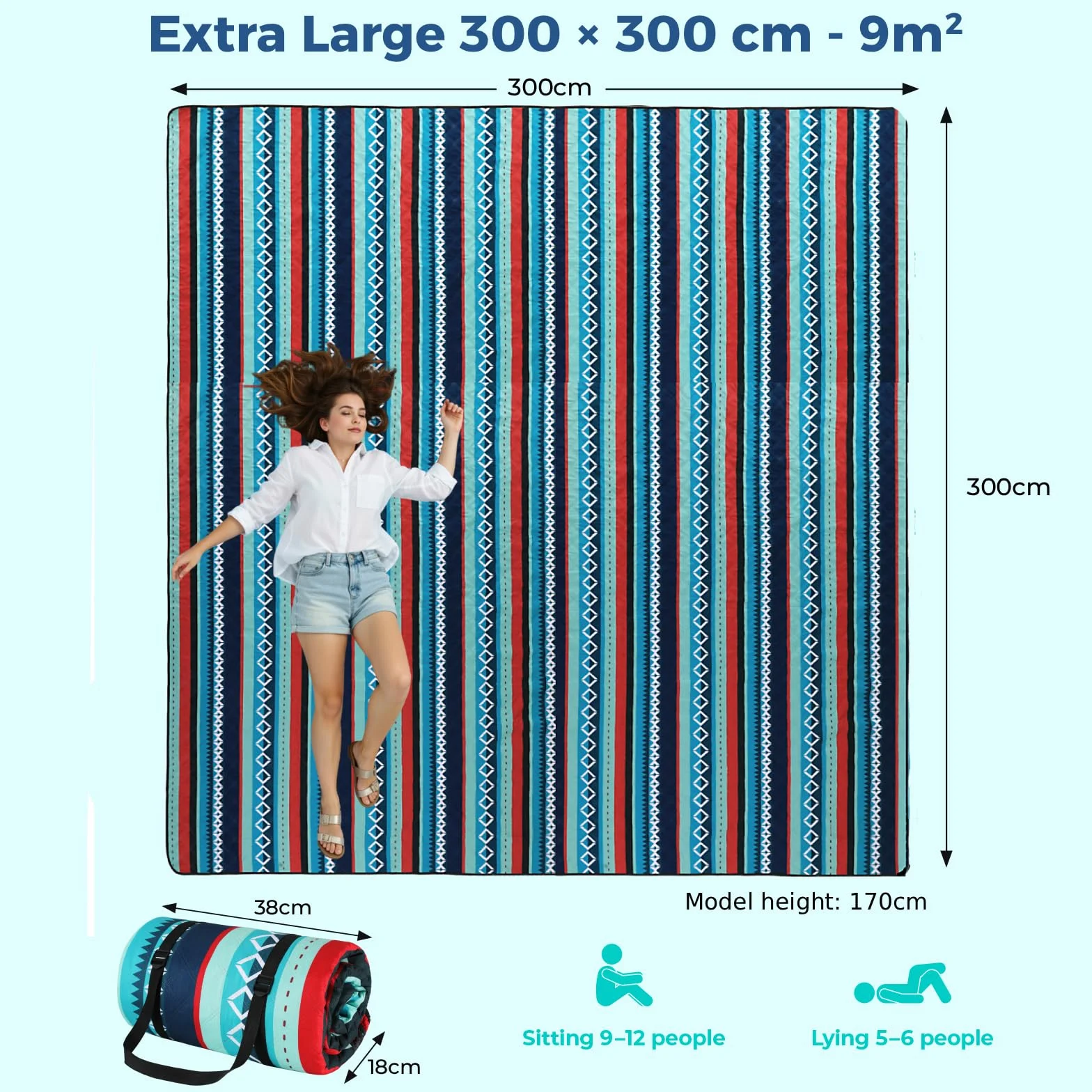LIFERUN Koc piknikowy XXL 300 x 300 cm wodoodporny Oxford regulowane paski duży plażowy