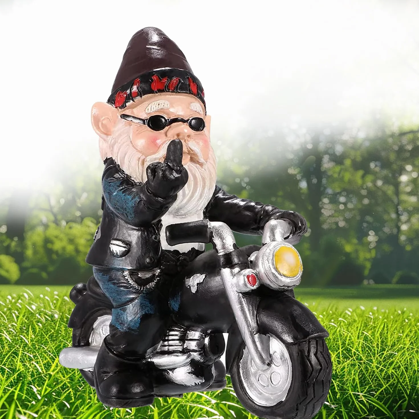Ozdoby Ogrodowe Krasnale, Ozdoby Ogrodowe Skrzaty Motocykliści, zabawny krasnal ogrodowy, dekoracja do tarasu balkonu, stary człowiek z motocyklem, ozdoba z żywicy do domu i biura