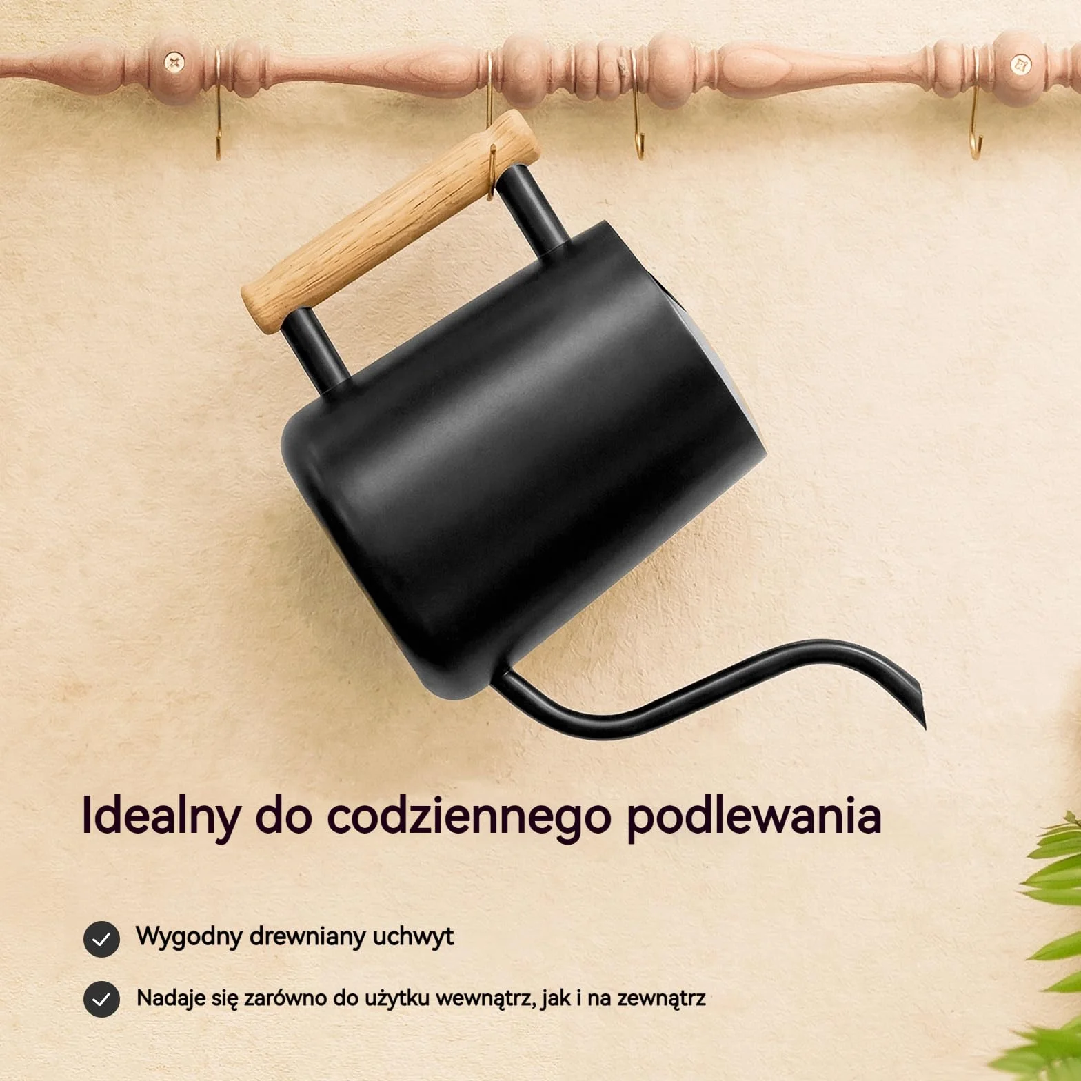 Bamworld Konewka ze Stali Nierdzewnej 1L z Drewnianą Rączką, Niekapający Długi Dzióbek, Czarna