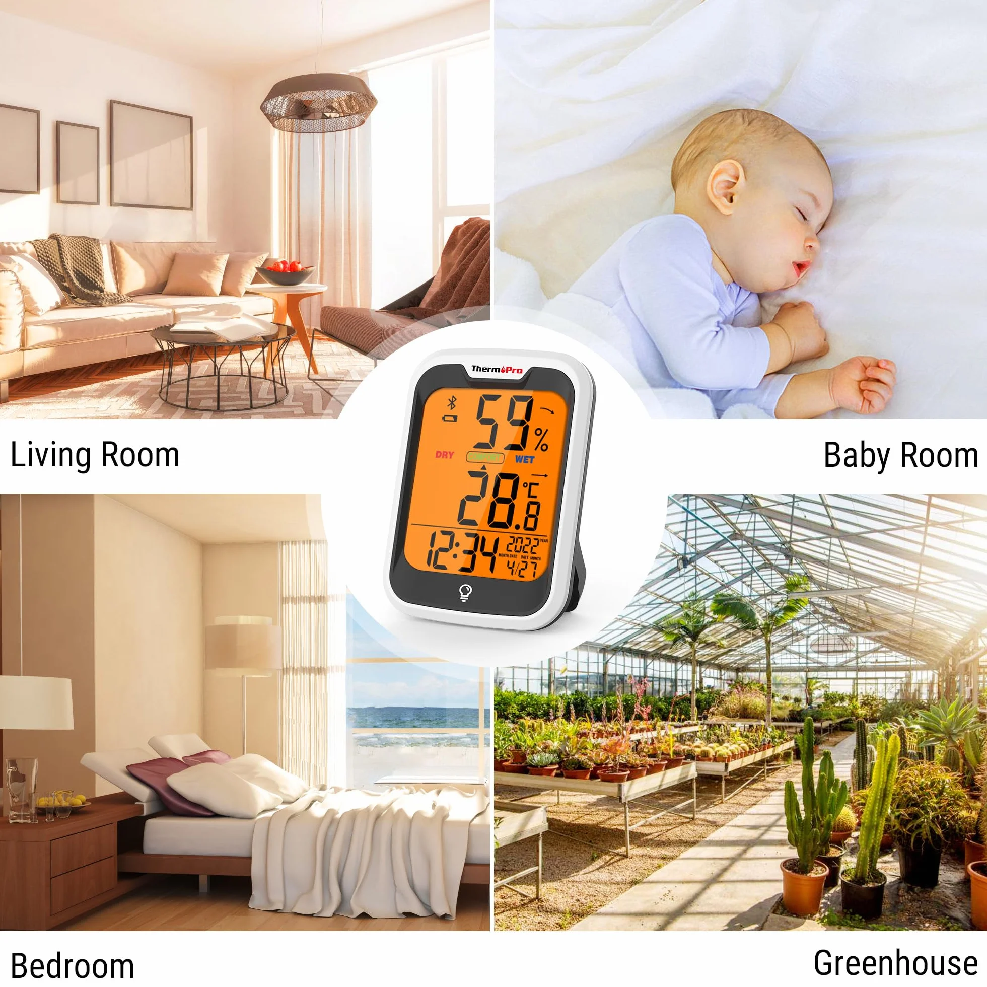 ThermoPro TempPro Termometr pokojowy z higrometrem Bluetooth dokładność 0,2℃ lampka nocna