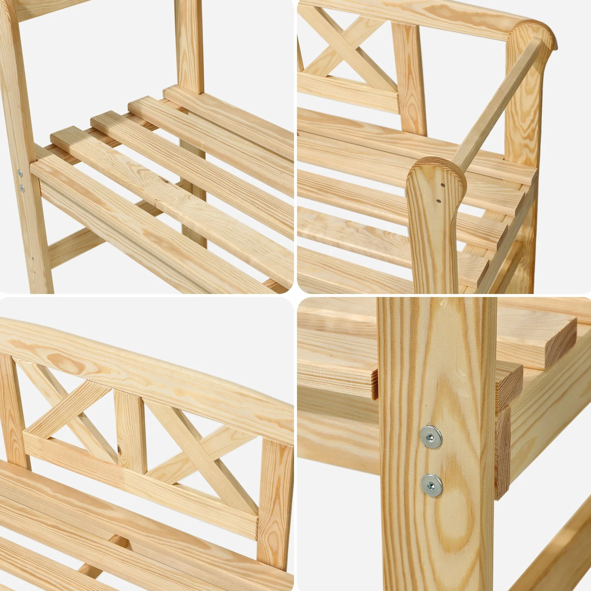 KADAX Ławka ogrodowa 119x44x76cm kolor naturalny, z litego drewna, odporna na warunki atmosferyczne, z oparciem zapewnia wygodne siedzisko na taras, balkon i do ogrodu