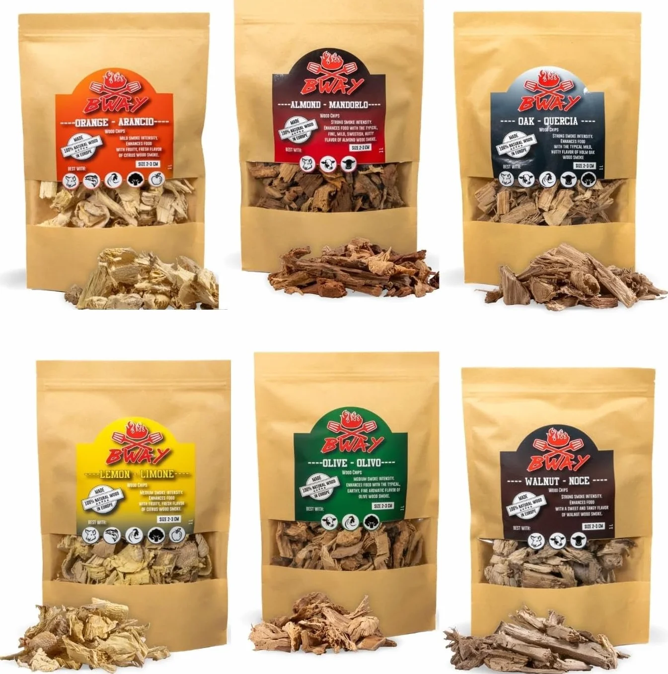 Chipsy wędzarnicze - drewno do wędzenia - 6 x 1 litr oliwek, pomarańczowy, migdał, cytryna, orzech i dąb
