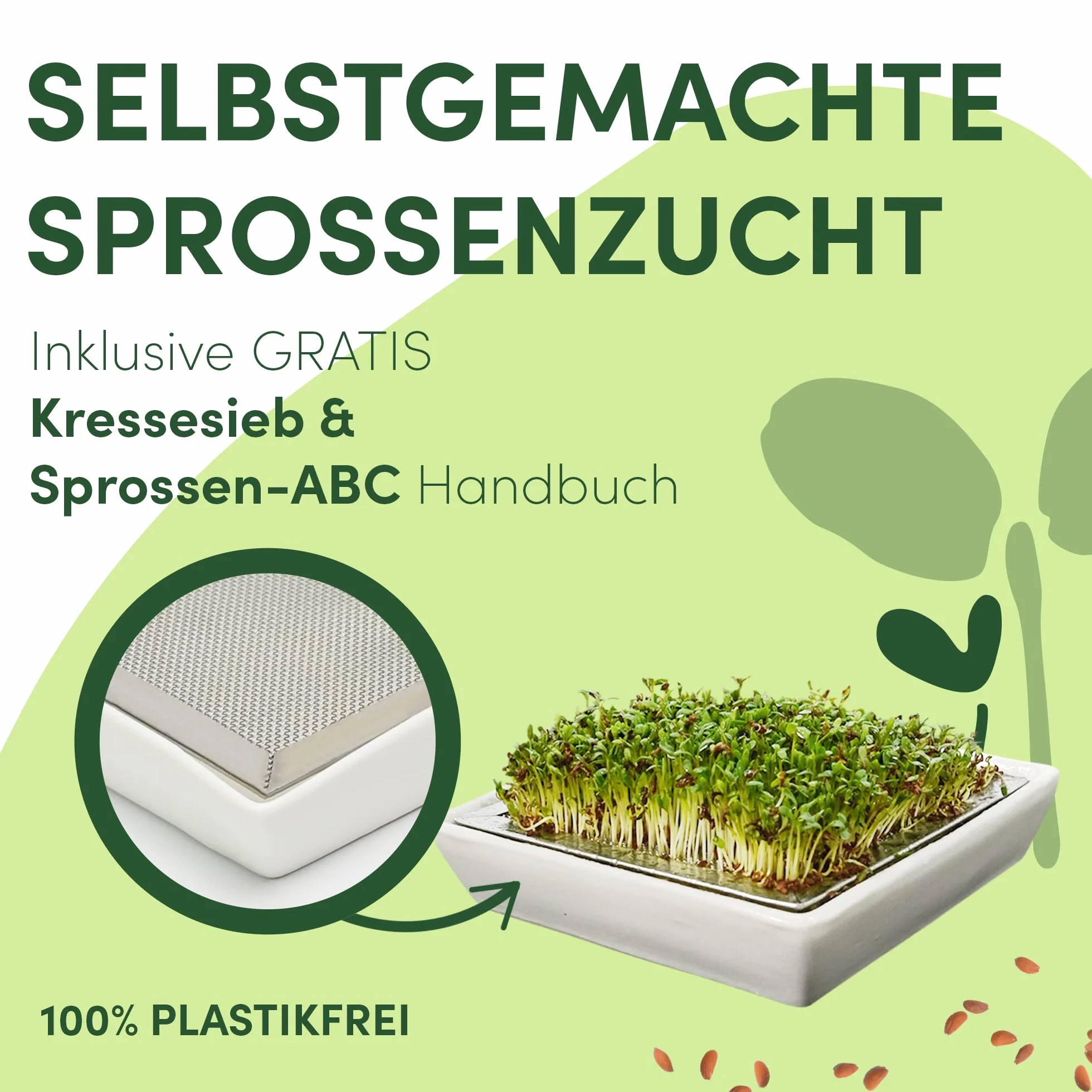 Green SEEDS Oryginalny zestaw startowy ze słoikiem ze szczebelkami + sitkiem do kiełkowania | 1000 ml z wysokiej jakości pokrywą z siatki ze stali nierdzewnej, stojakiem, miską ceramiczną + ABC
