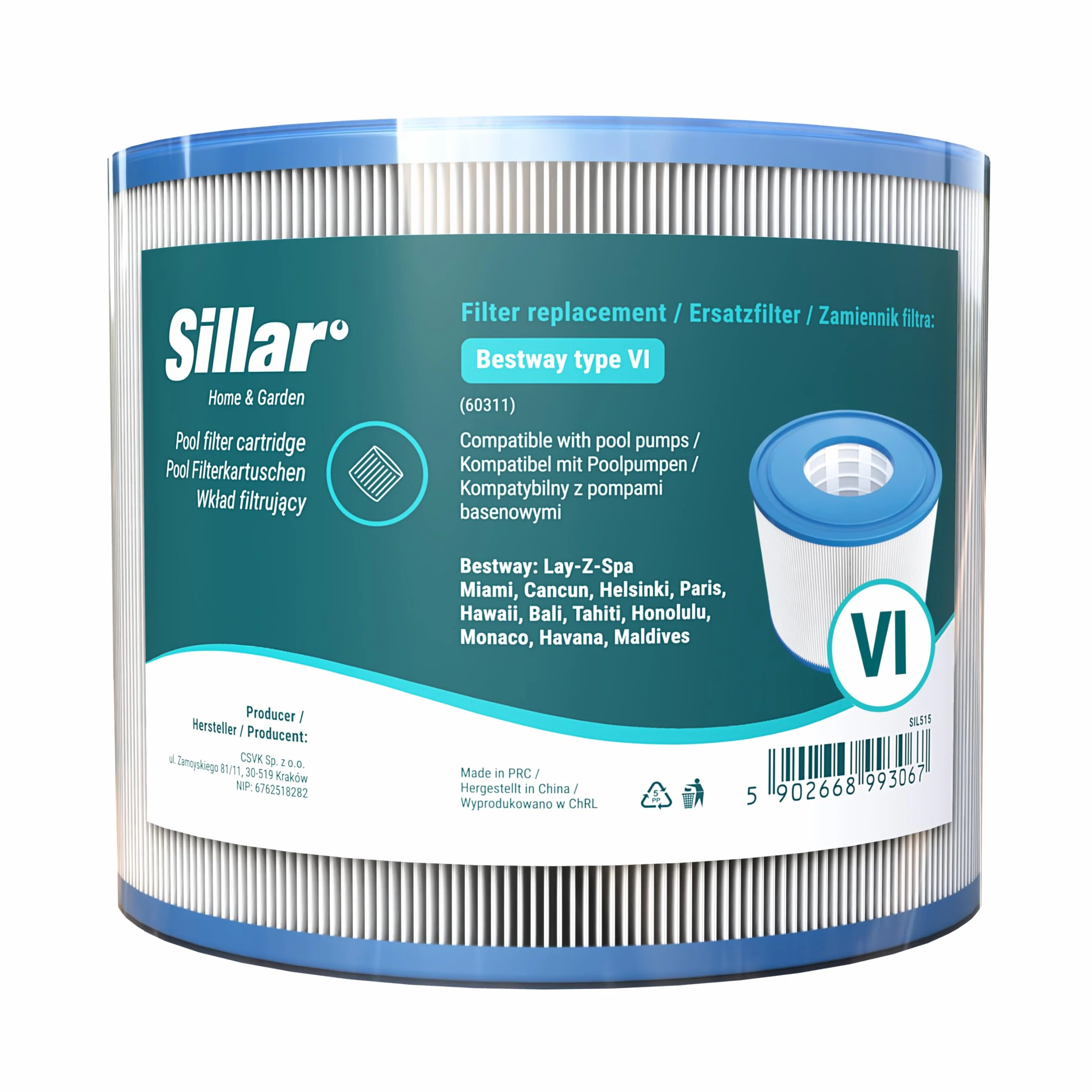 Sillar Filtr Kartuszowy Typ VI Ø 7,9 cm × 10,4 cm – 12 wkładów do pomp Bestway Lay-Z-Spa Miami, Cancun, Helsinki, Paris, Bali, Tahiti, Honolulu