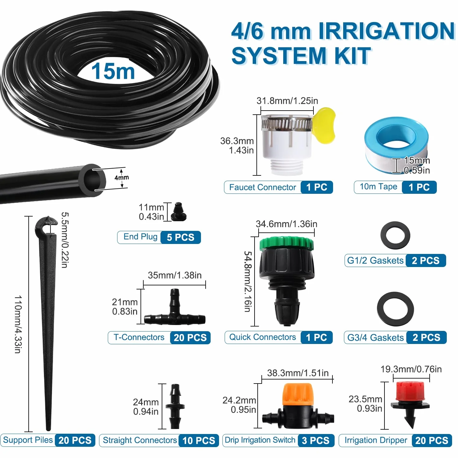 VooGenzek 86 Sztuk 4/6 mm Zestaw do Nawadniania, Wąż Nawadniający 15m, DIY System Nawadniania Ogrodu, z Proste Złącza z Zadziorami, Trójnikiem, Zatyczką Końcową Węża, do Trawnika
