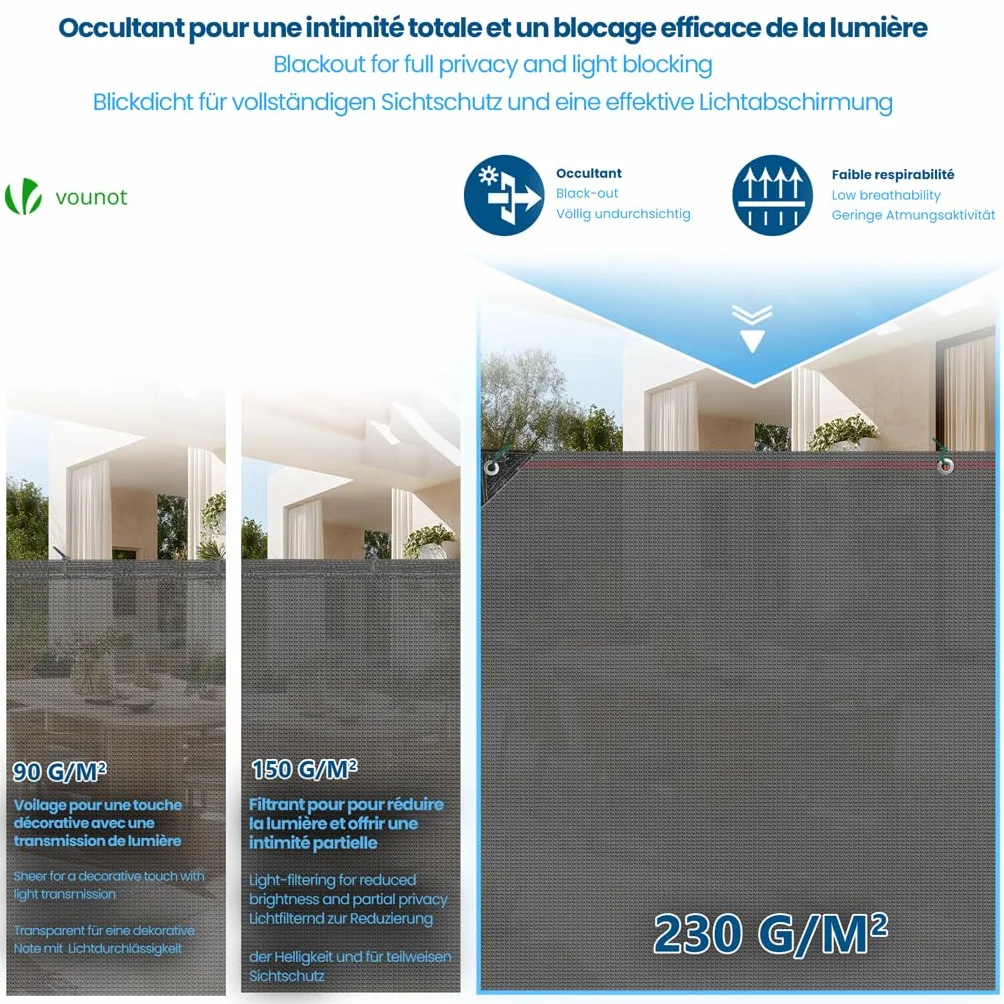 VOUNOT Siatka maskująca 1,8 x 10 m HDPE 230 g/m² 95% zacienienia UV odporna na rozdarcie szara