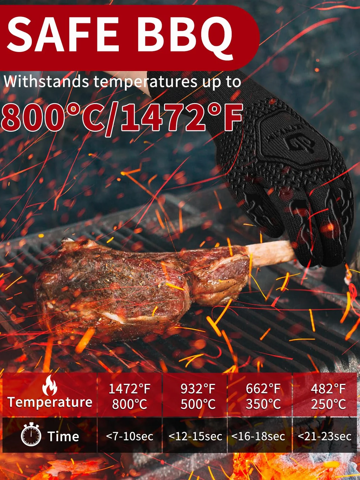 Rękawice do grilla, odporne na wysokie temperatury do 800°C, antypoślizgowe, rękawice do piekarnika, rękawice ogniotrwałe, rękawice kuchenne, rękawice do pieczenia, rękawice do grilla