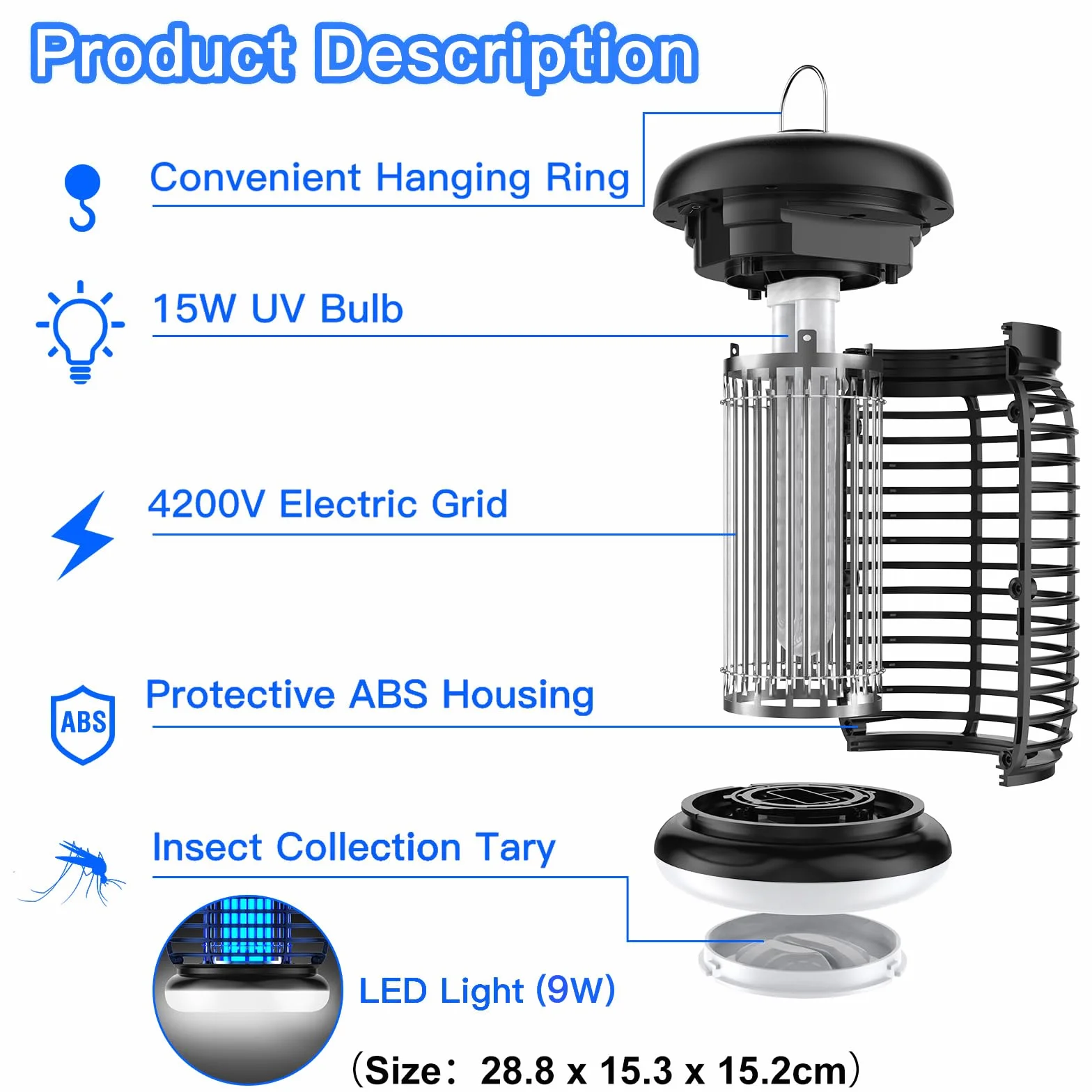 Lampa komarowa 4200V z oświetleniem LED - 3m kabel, Lampa owadobójcza 15W UV Wodoszczelna (IPX4), Elektryczny Zabójca Much, Urządzenie Przeciw Komarom