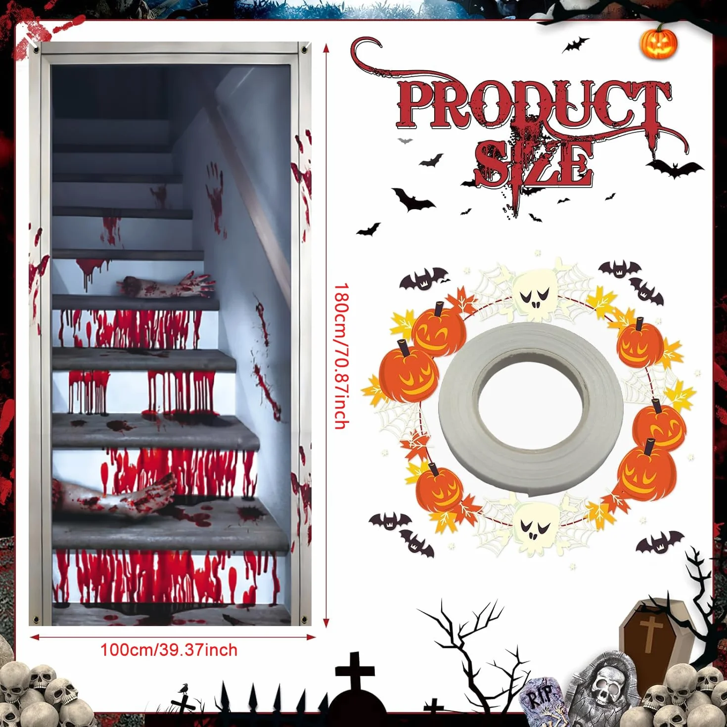 Halloween Dekoracja Dekoracja Kurtyna Drzwi Zasłony 180 × 100 Ozdoby Zewnętrzne Akcesoria Domowe Terror Ściana Wnętrze Dom Salon Akcesoria Łazienkowe Dekoracje Impreza Haloween Dekoracje Ogród