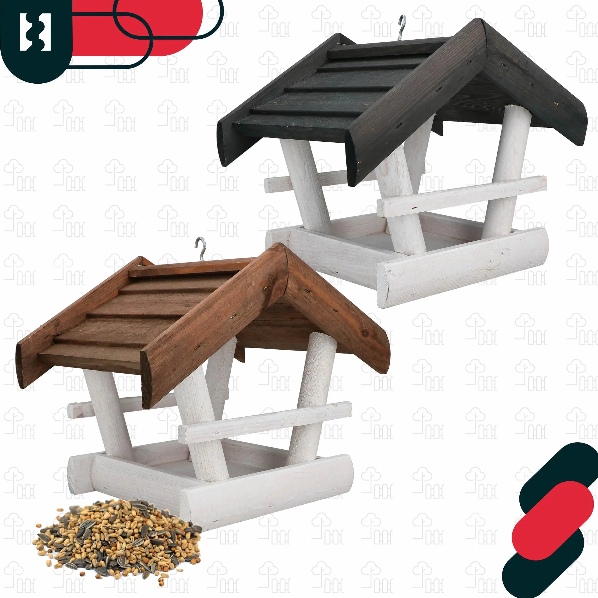 KOTARBAU® Karmnik dla Ptaków Drewniany z Daszkiem Biały Antracyt + Karma 0,5 kg
