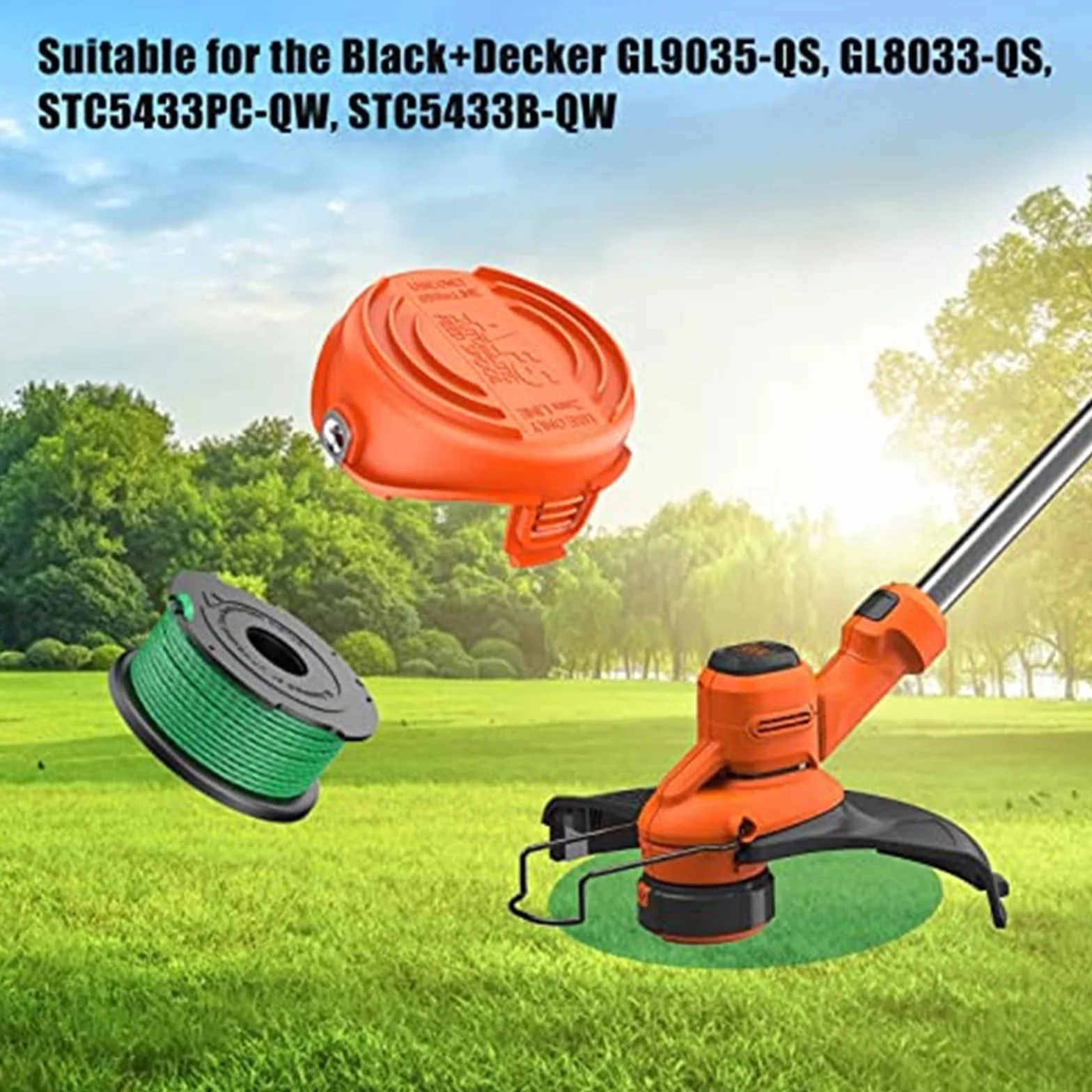 Żyłka do podkaszarki, do Black and Decker, 2 mm, 20 stóp, szpule zamienne z automatycznym podawaniem, do GL7033 GL8033 GL9035, nasadka do podkaszarki, do 90583594 (4 szpule + 1 nasadka) Szpula