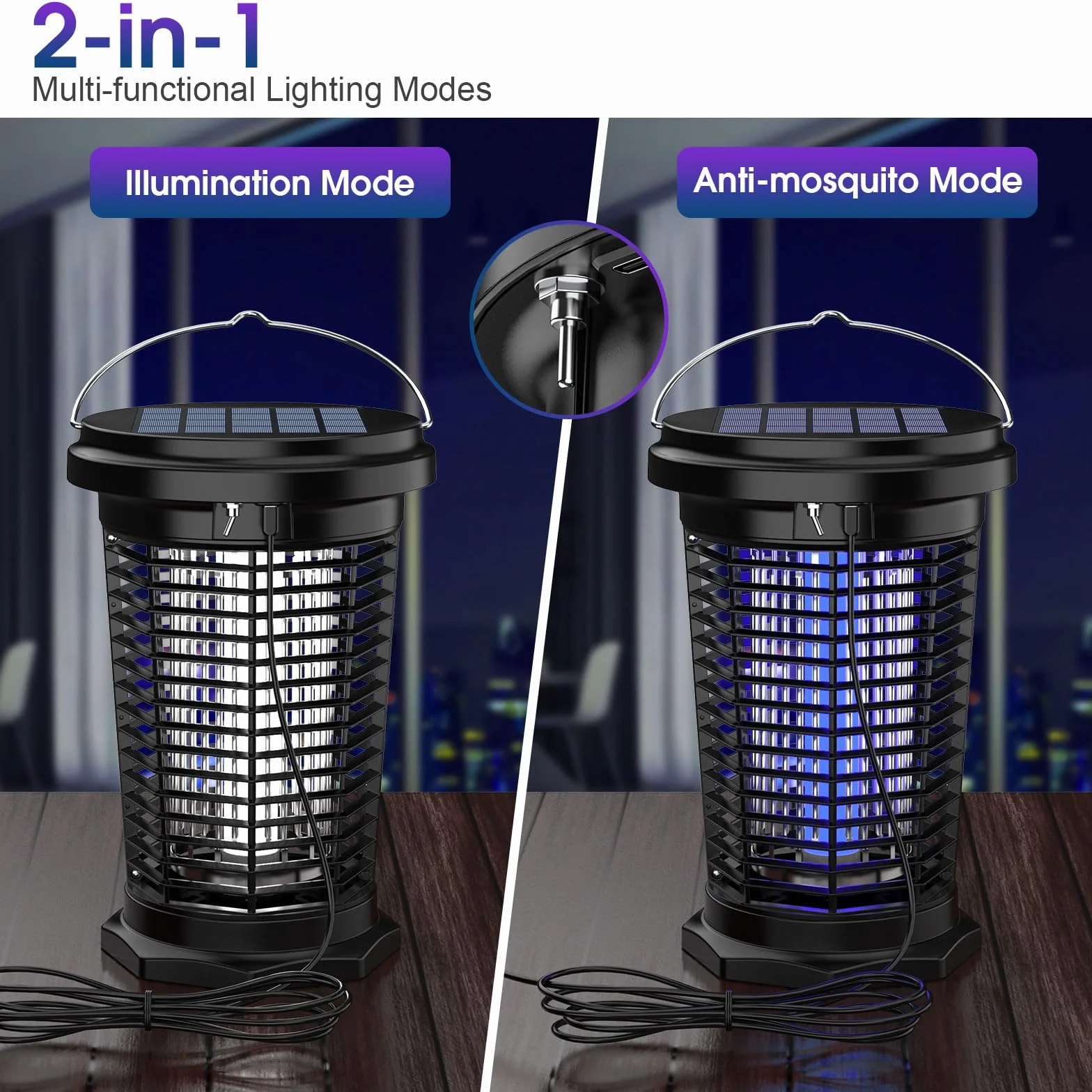 PALONE Przenośna lampa na komary solarna 4500V, USB-C + 5.5W panel - Wodoodporna do ogrodu/campingu (2600mAh, IPX4)