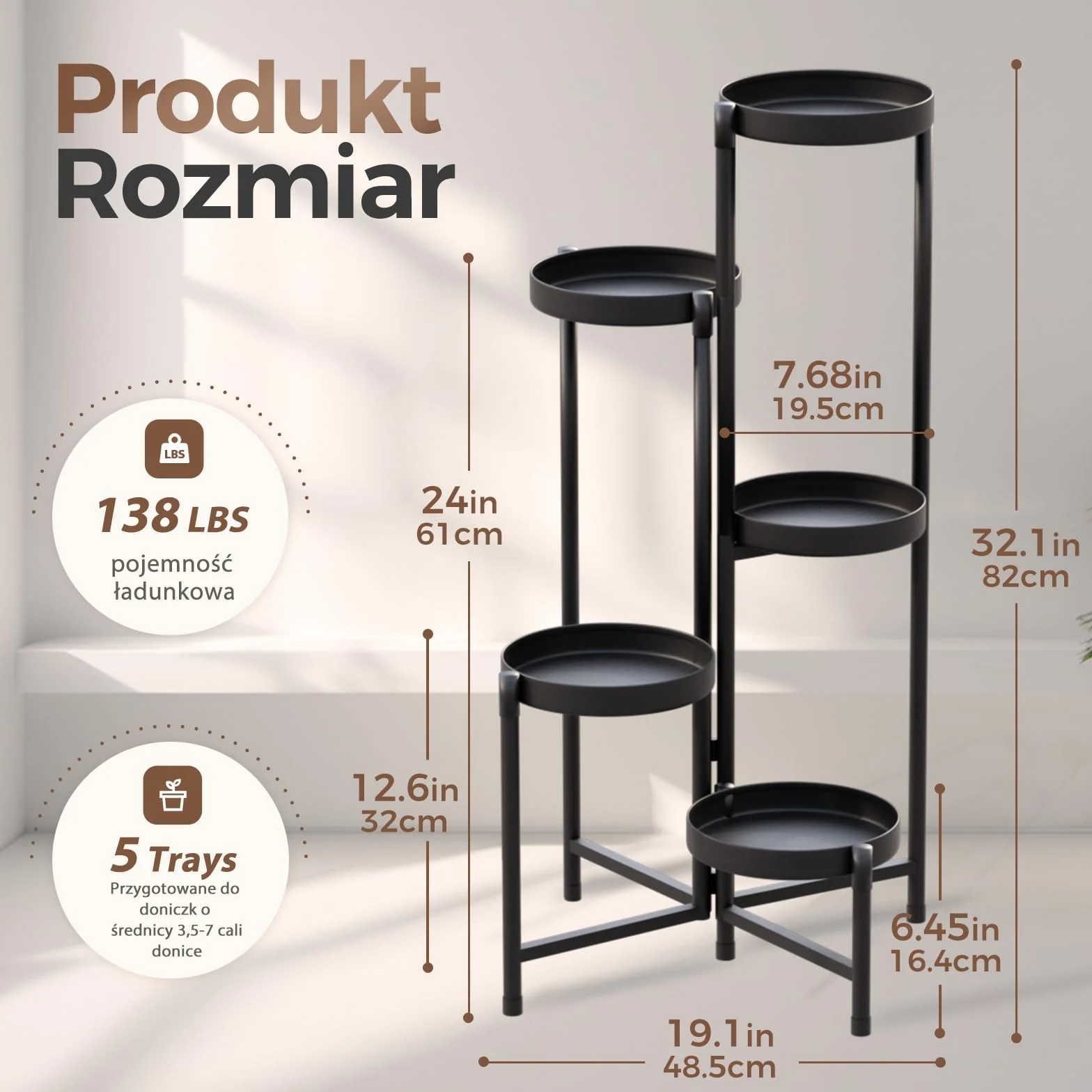 Bamworld Stojak na Rośliny Wewnątrz Na Zewnątrz Składany 5-Poziomowy Metalowy Stojak na Kwiaty, Kątowa Wielopoziomowa Półka na Rośliny do Ogrodu Balkonu Tarasu Salonu Sypialni