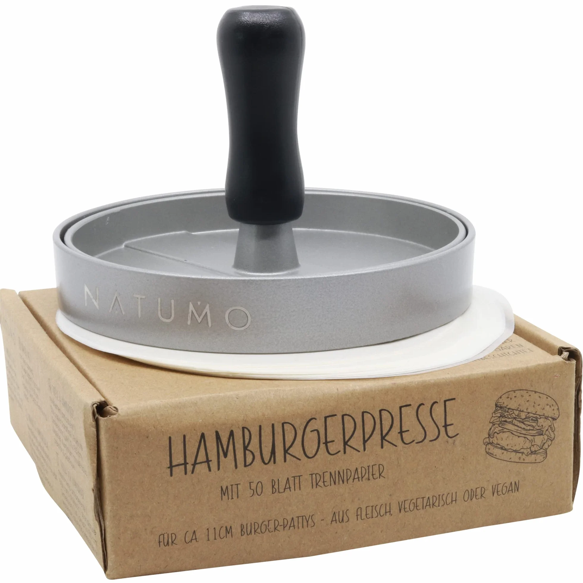 NATUMO Zestaw prasy do burgerów z prasy do hamburgerów i papieru do burgerów (50 x papier oddzielający), do burgerów z odlewu aluminiowego (Ø 11 cm, 200 g), profesjonalna prasa do burgerów z powłoką
