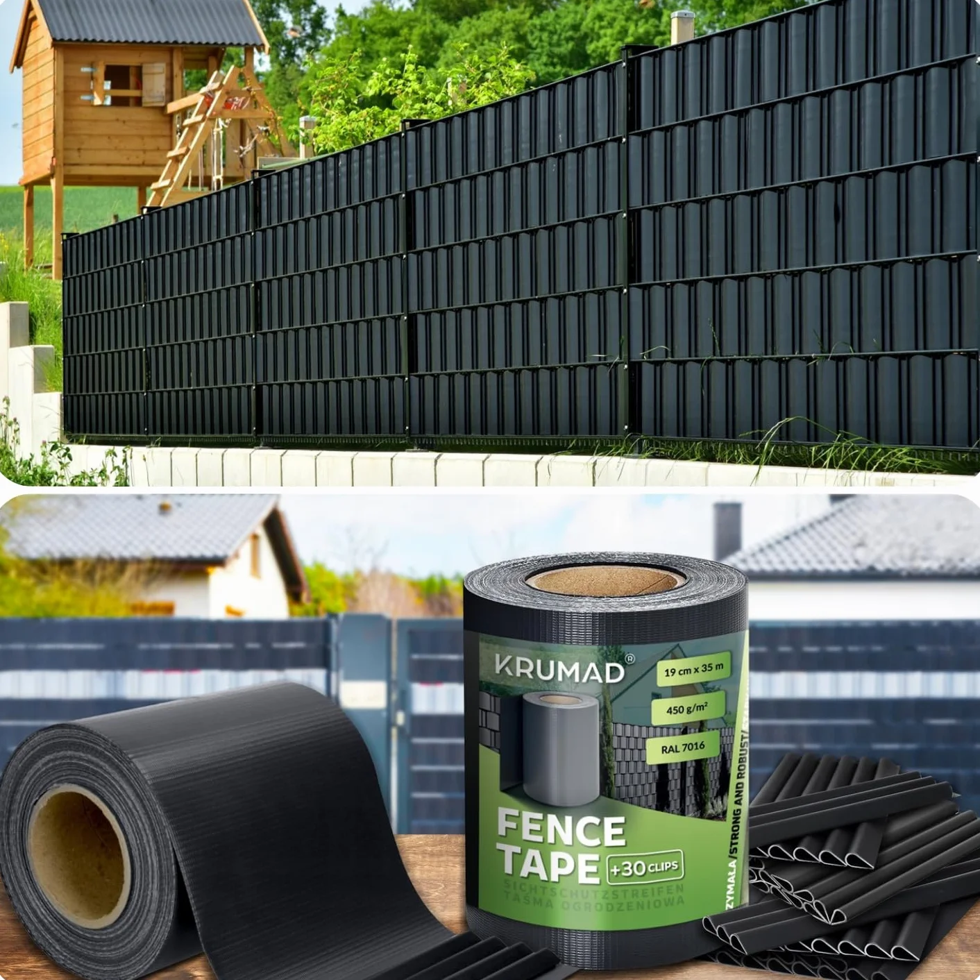 KRUMAD Taśma Osłonowa na Ogrodzenie 19 cm x 35 m PVC 450 g/m² Odporna na UV Antracyt