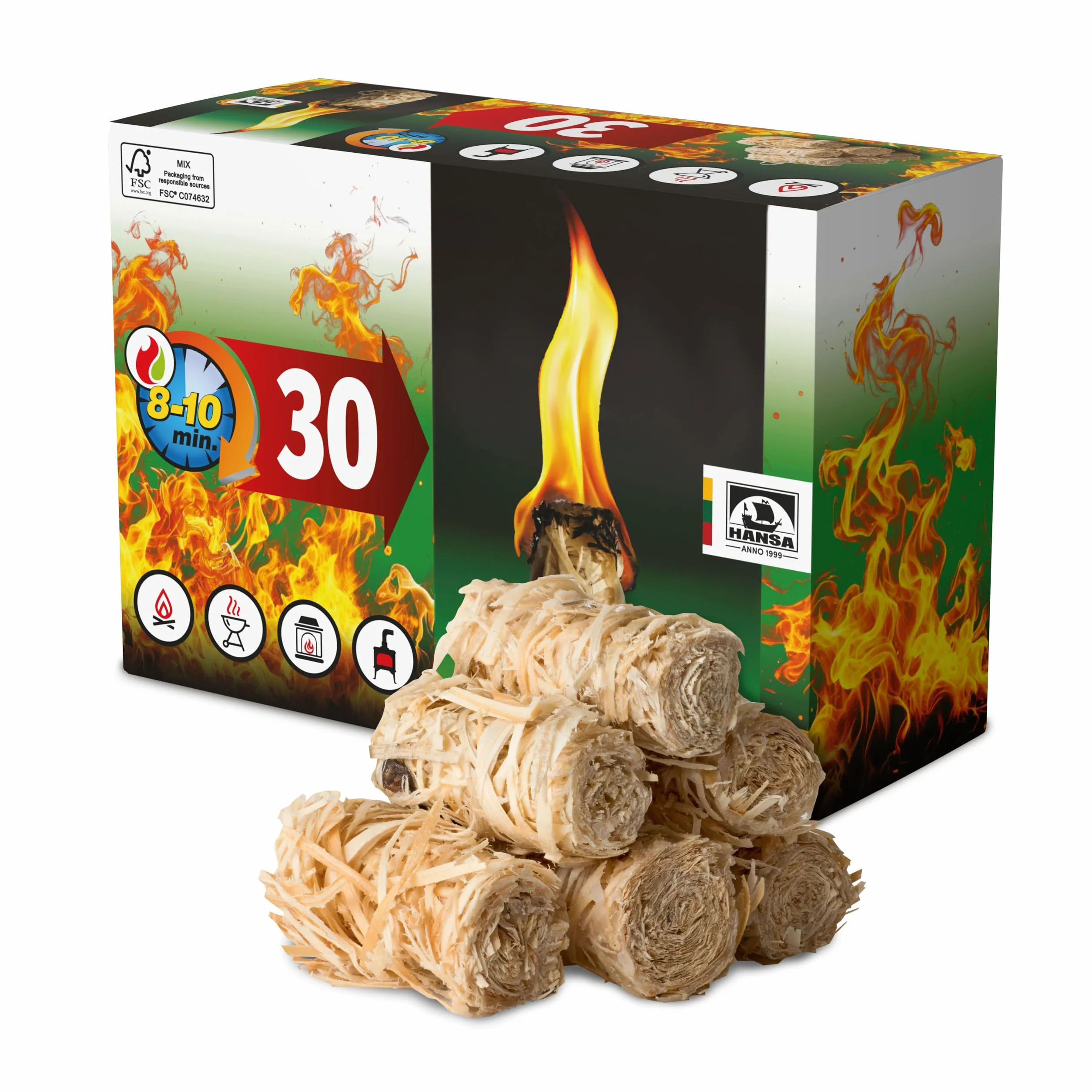 HANSA Podpałka do wełny drzewnej, 30 sztuk, czas palenia 8-10 minut, naturalny materiał do kominka, grilla i paleniska