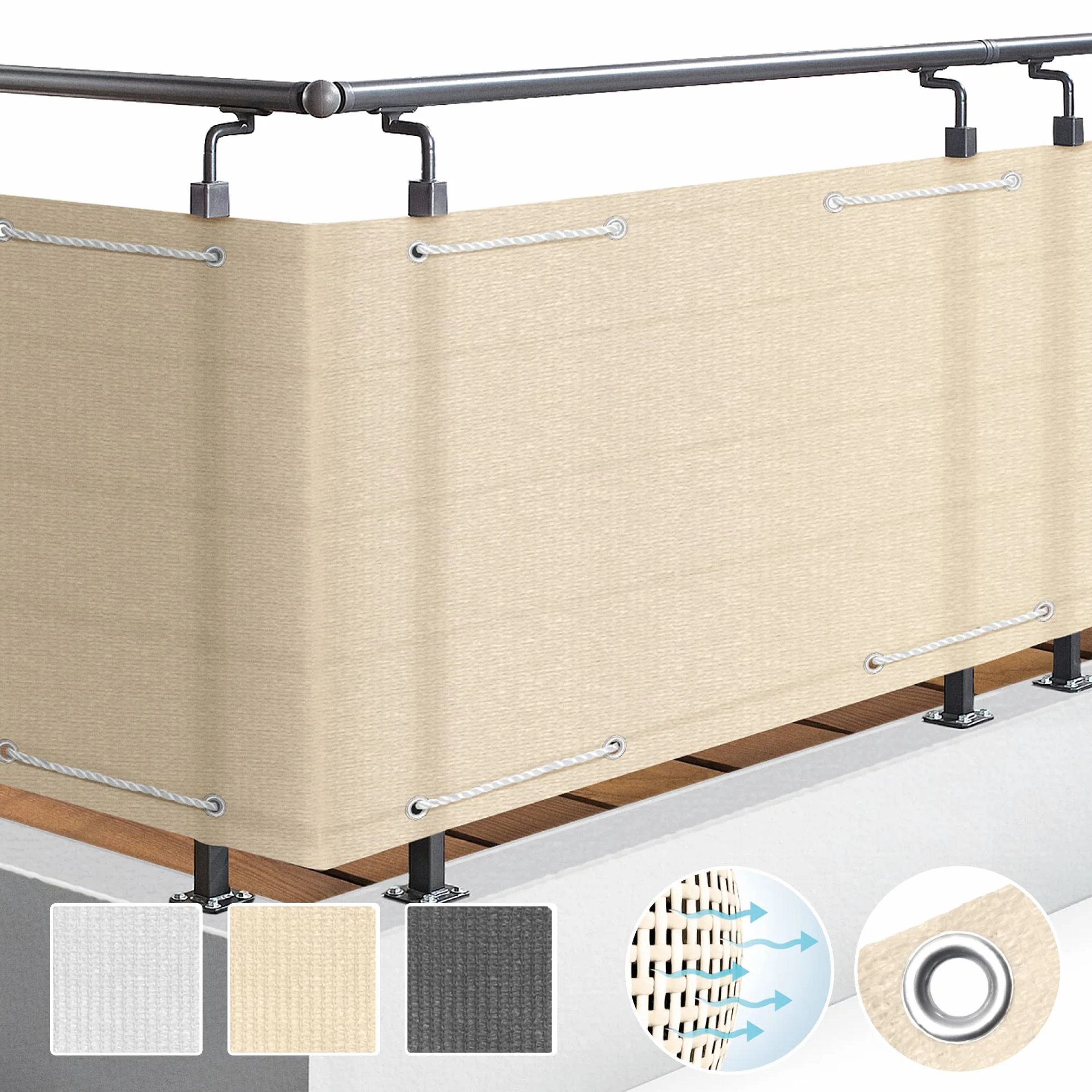 Parawan na balkon taras Sol Royal 90x500 cm SolVision HB2 Ochrona przed słońcem wiatrem UV Kremowa mata balkonowa z oczkami i linką