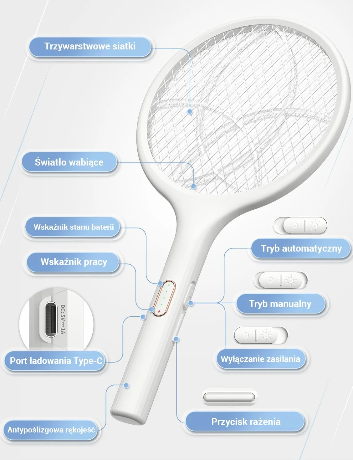 YISSVIC Elektryczna łapka na komary Extra Strong 4000 V 2 w 1 USB C z akumulatorem Akumulatorowa ze stabilną podstawą pułapką na światło UV Przeciw komarom Muchom Biały