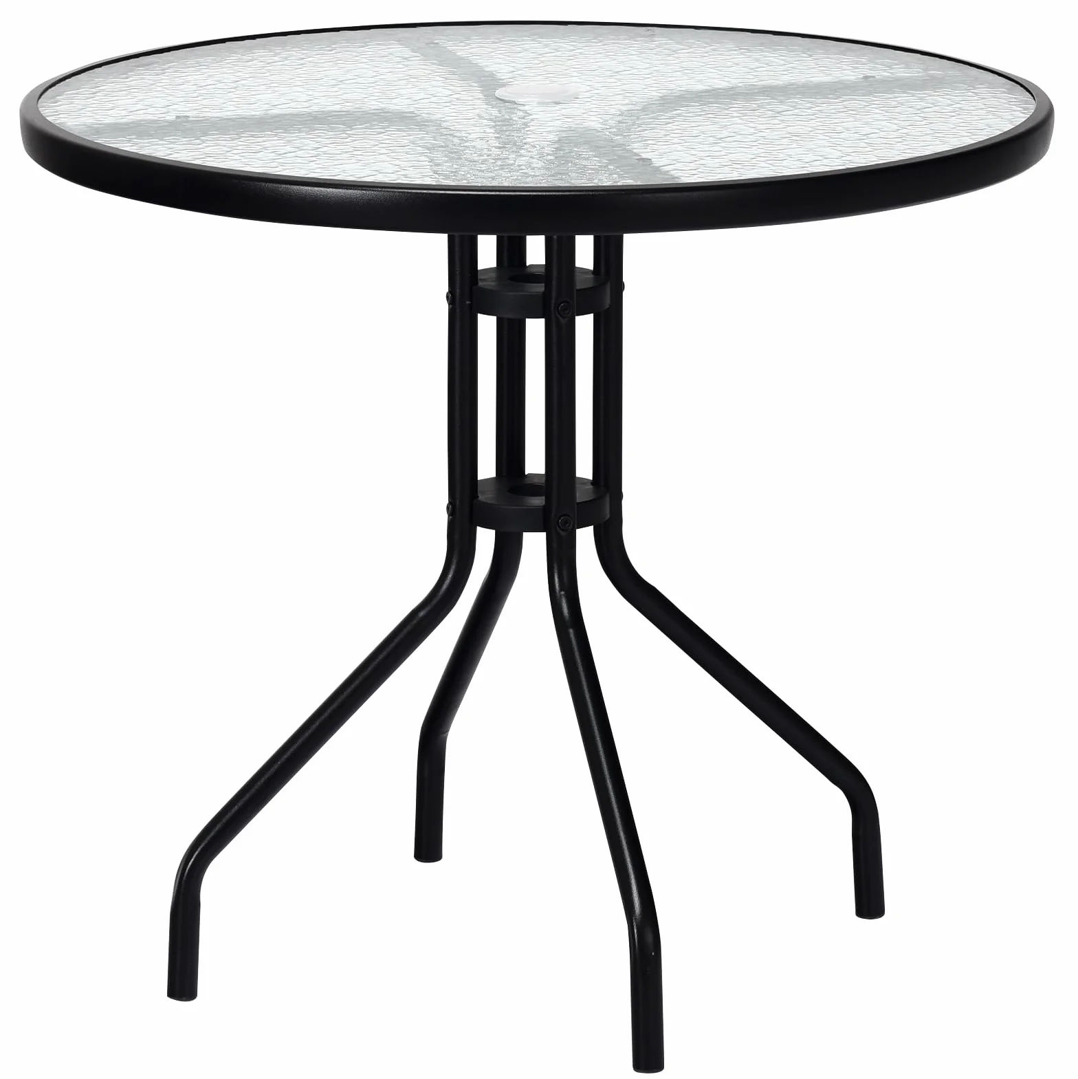 COSTWAY Stół ogrodowy z blatem z hartowanego szkła, 70 x 70 x 71 cm, stół tarasowy z otworem na parasol i metalową ramą, okrągły stół balkonowy, stół do jadalni na podwórko, taras, do ogrodu