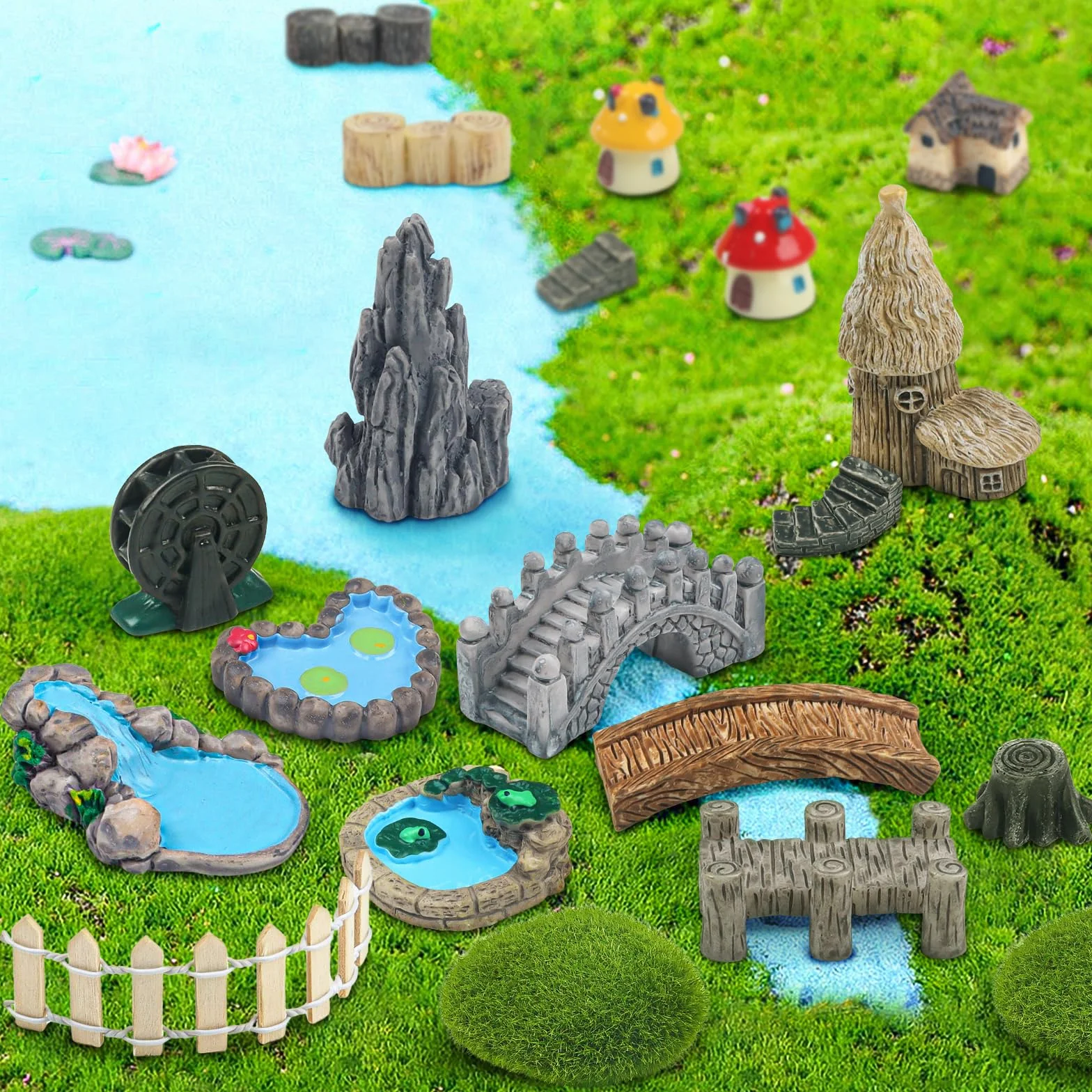 QUOZUO Miniatury ogrodowe, most, dom, krajobraz, studnia, ogrodzenie, figurki, staw, grzyb, trawnik, ozdoba do majsterkowania, sukulentów, 21 szt