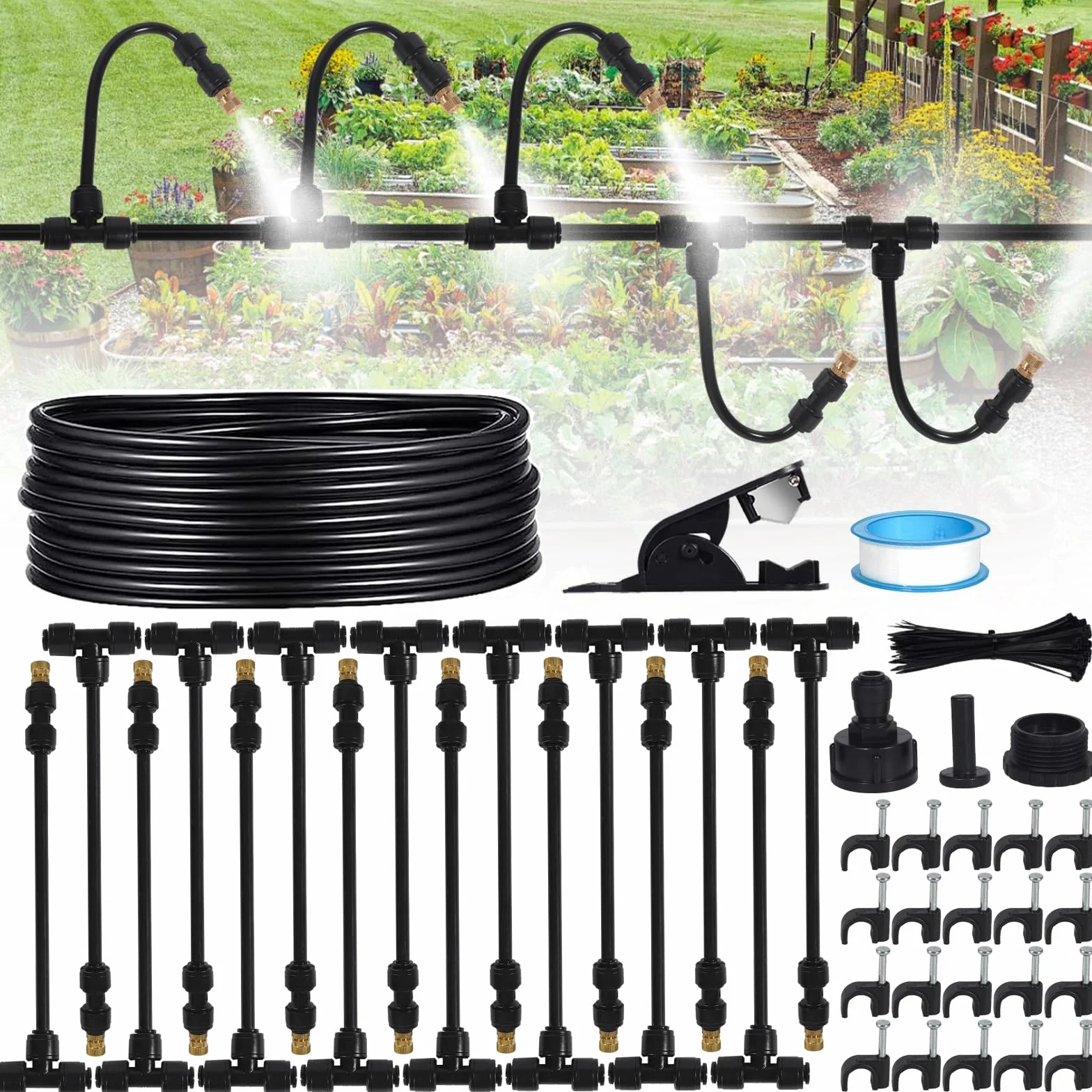 16M Outdoor Mister, 64 szt. Zestawy do nawadniania System zamgławiania z 18 dyszami do mgły ze złączem T + 1 adapter (mosiądz, 3/4") do imprez plenerowych, ogrodów
