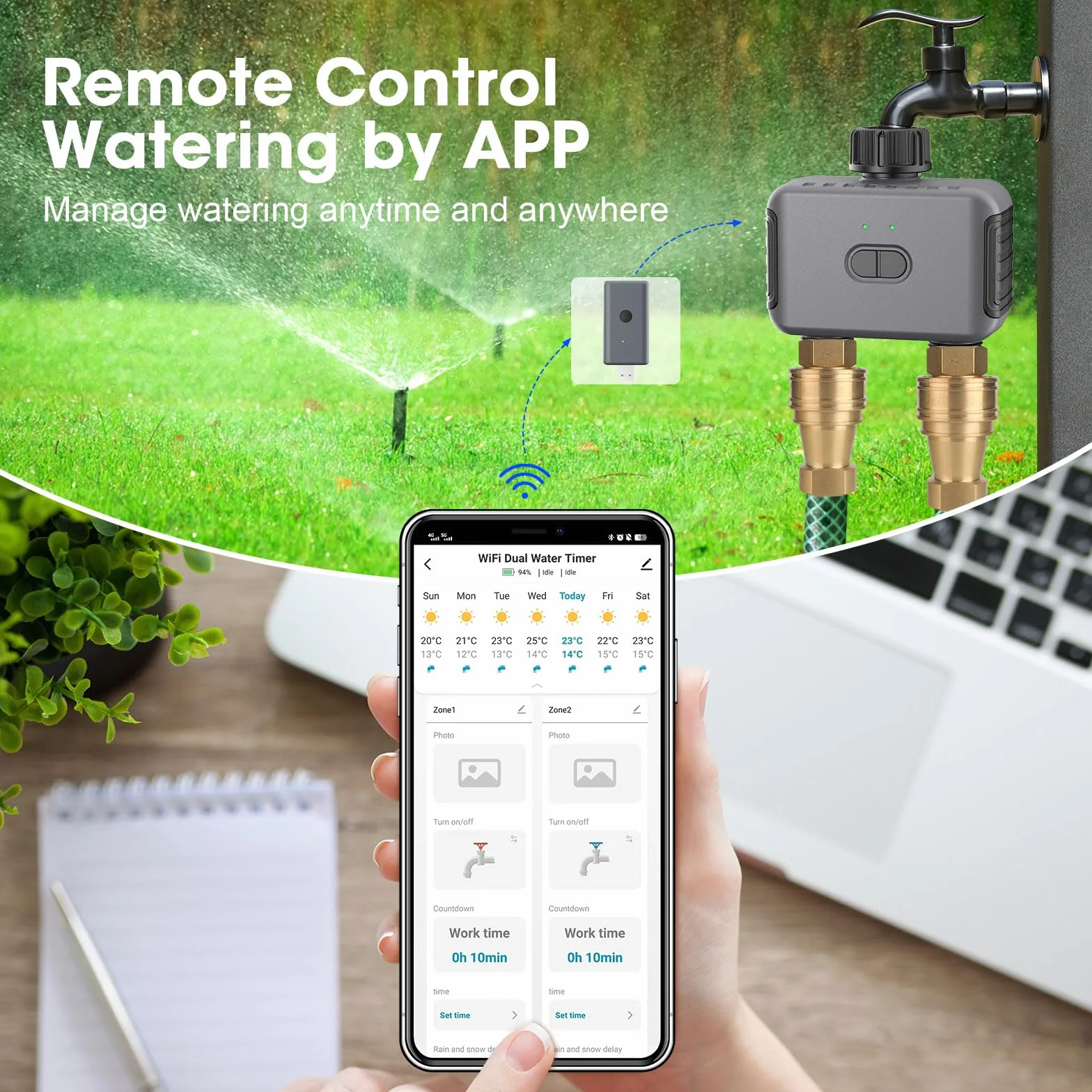 Haozee Inteligentny timer do wody 2-strefowy WiFi automatyczny system nawadniania ogrodu