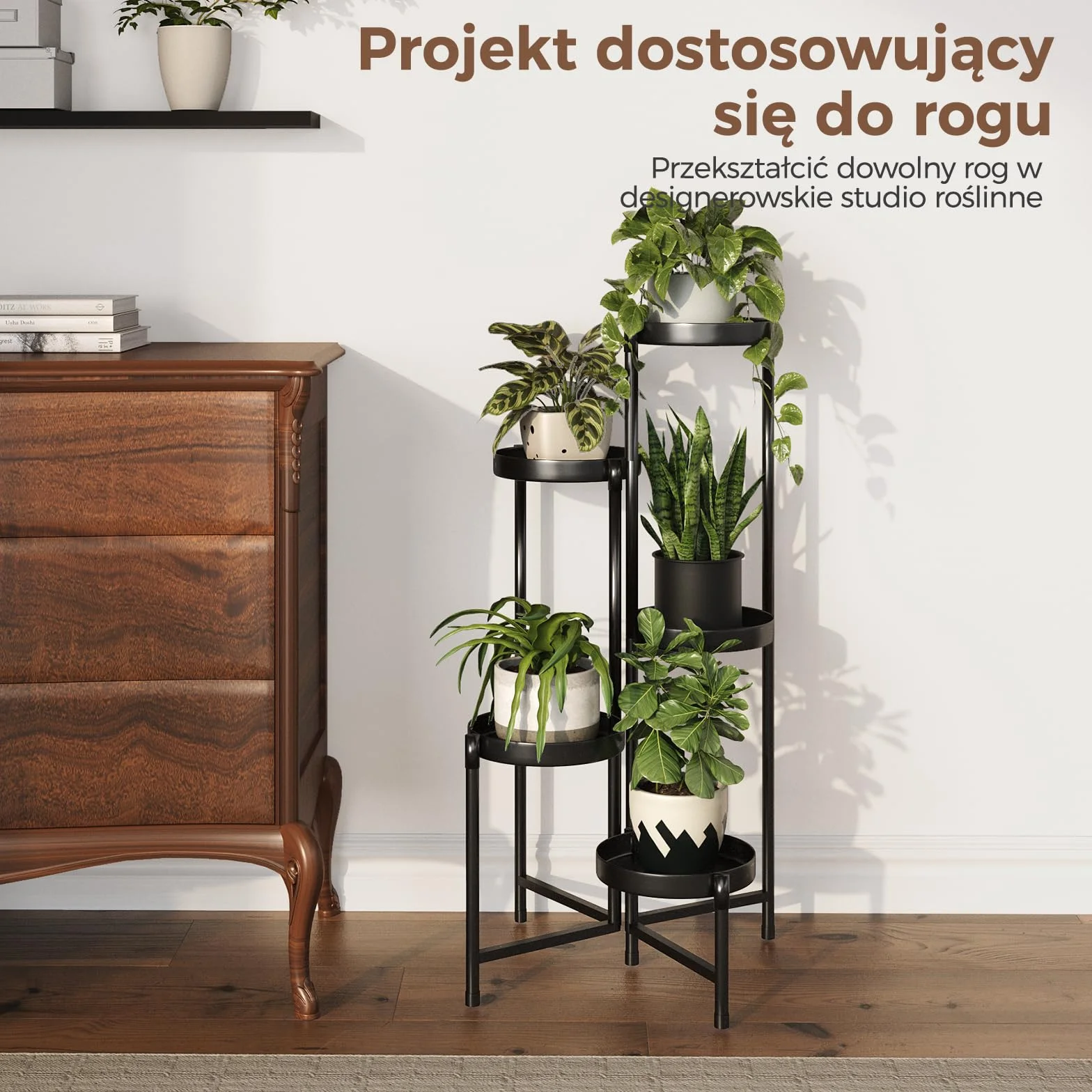 Bamworld Stojak na Rośliny Wewnątrz Na Zewnątrz Składany 5-Poziomowy Metalowy Stojak na Kwiaty, Kątowa Wielopoziomowa Półka na Rośliny do Ogrodu Balkonu Tarasu Salonu Sypialni