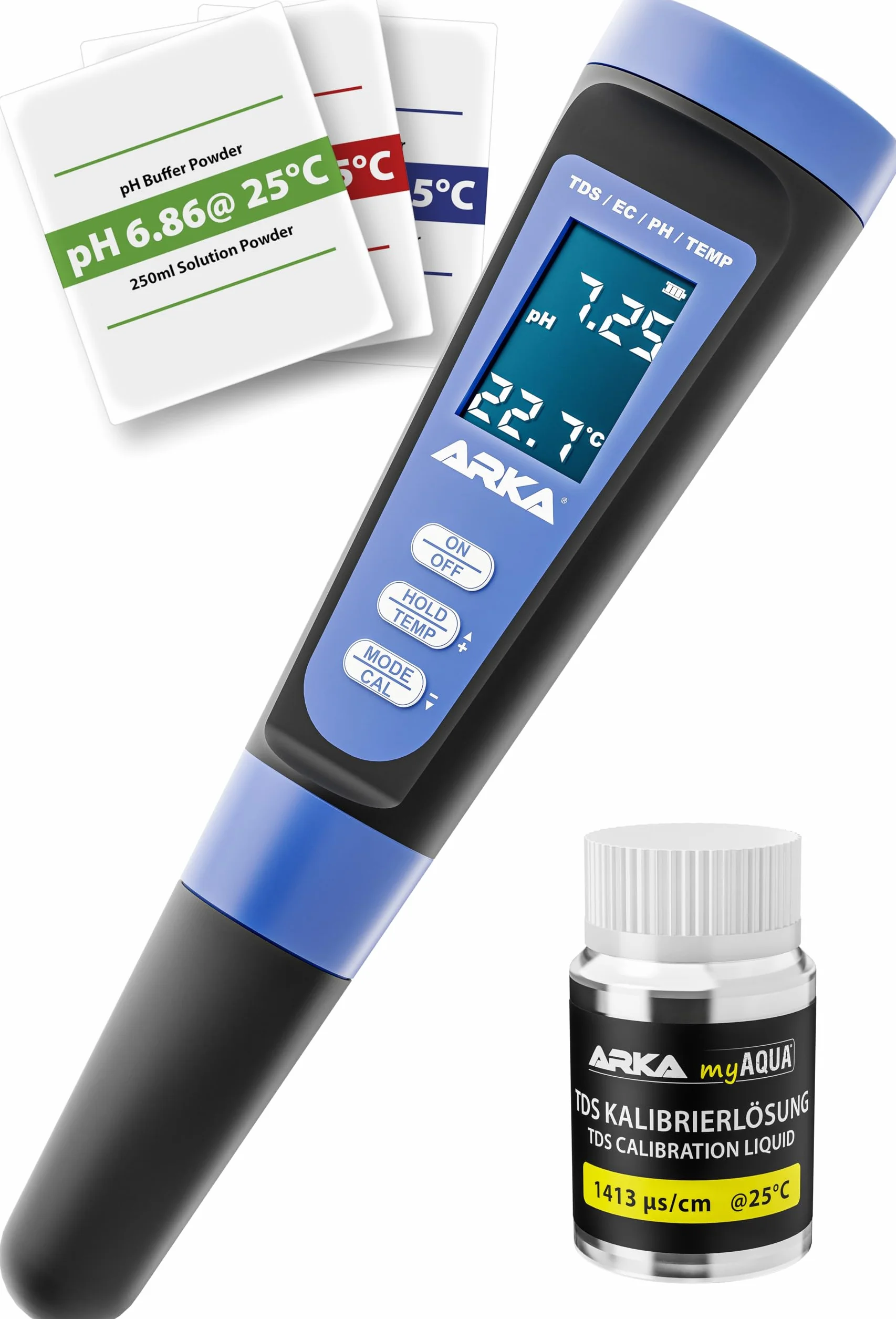 ARKA myAQUA pH/TDS/EC miernik jakości wody do pomiaru pH, TDS, EC i temperatury, w zestawie roztwór kalibracyjny, idealny do akwariów, basenów, stawów i wody pitnej