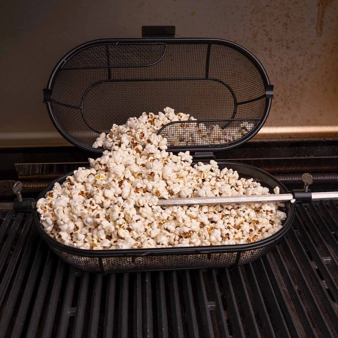 SANTOS Obrotowy kosz na rożen (Ø maks. 11 mm) – kosz do grilla stalowy czarny – akcesoria do grilla – mięso, skrzydełka z kurczaka, frytki, warzywa, owoce i popcorn