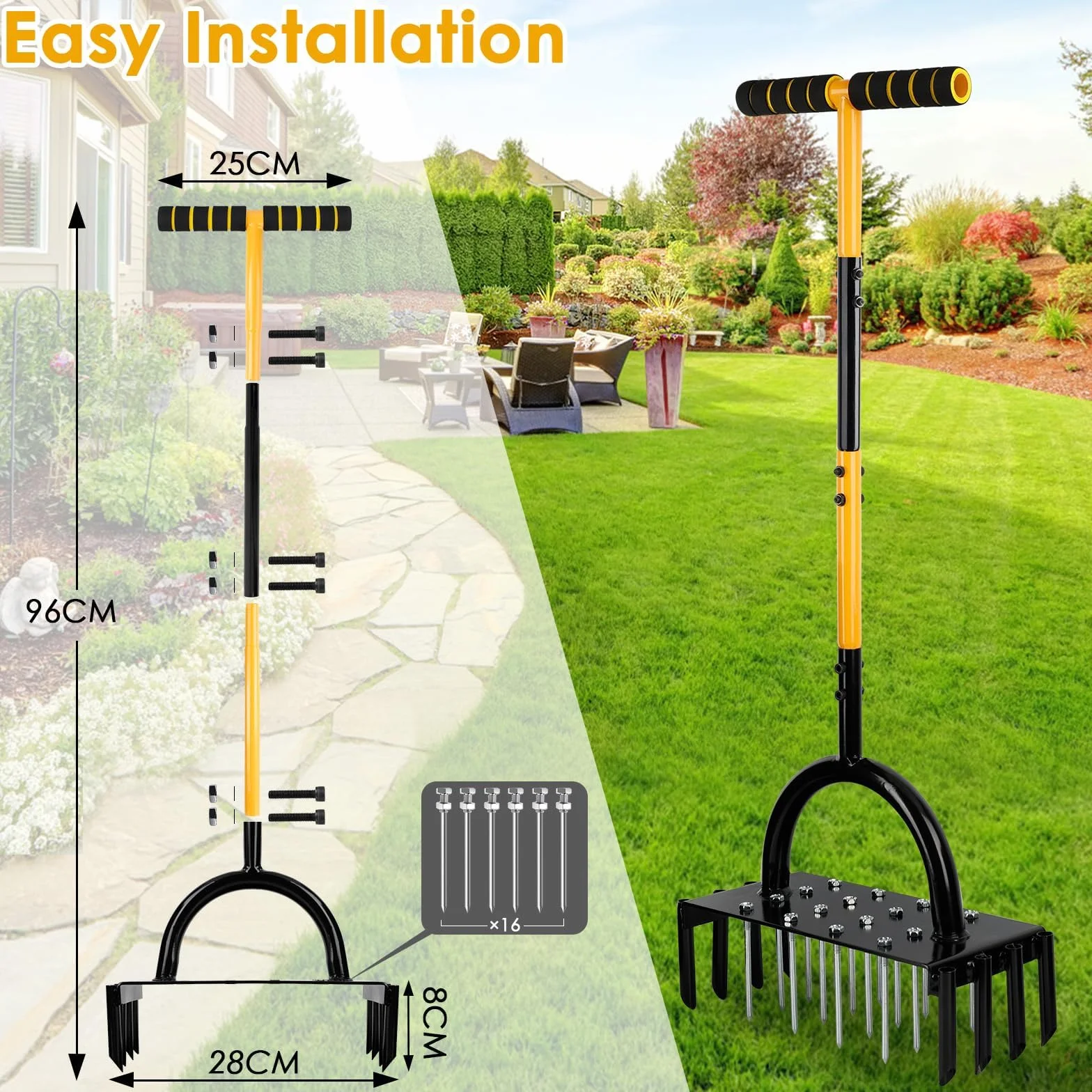 Aerator do trawnika 96 cm Ręczny napowietrzacz ziemny z uchwytem T 17 kolcami stalowymi