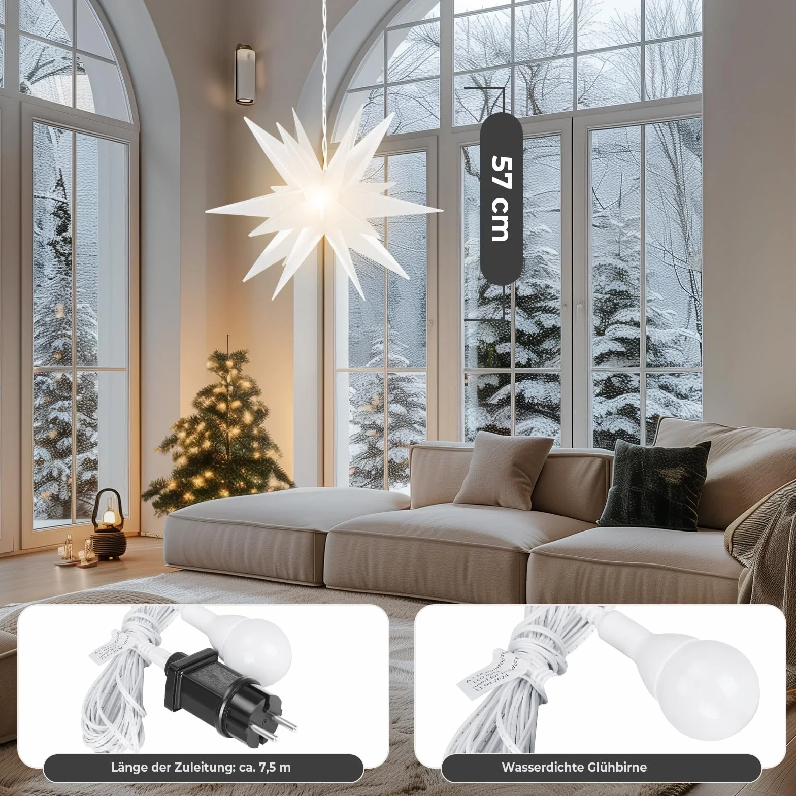 OVILUM Świecąca Gwiazda 3D Z Oświetleniem LED, Biała, Ø 57 cm, 18 Końcówek, Odporna Na Warunki Atmosferyczne, Dekoracja Ogrodowa, Do Salonu, Bożonarodzeniowa