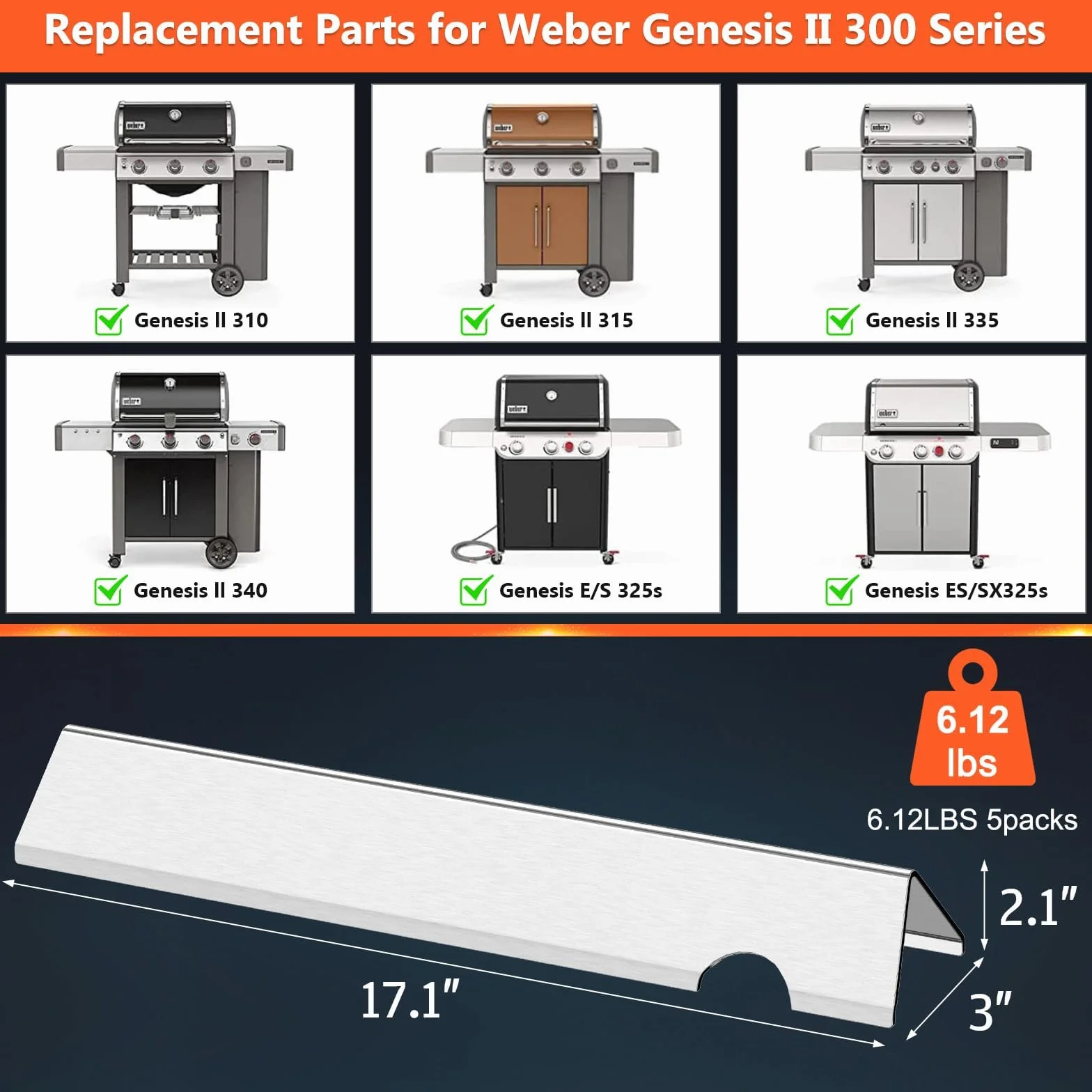 QuliMetal Pręty smakowe 43.4 cm do Weber Genesis II/LX 300 Series II E-310, II E-330, II E-335, II S-335, II LX S/E-340 (2017 i nowsze), płyty grzewcze do Weber 66032/66795, 17GA