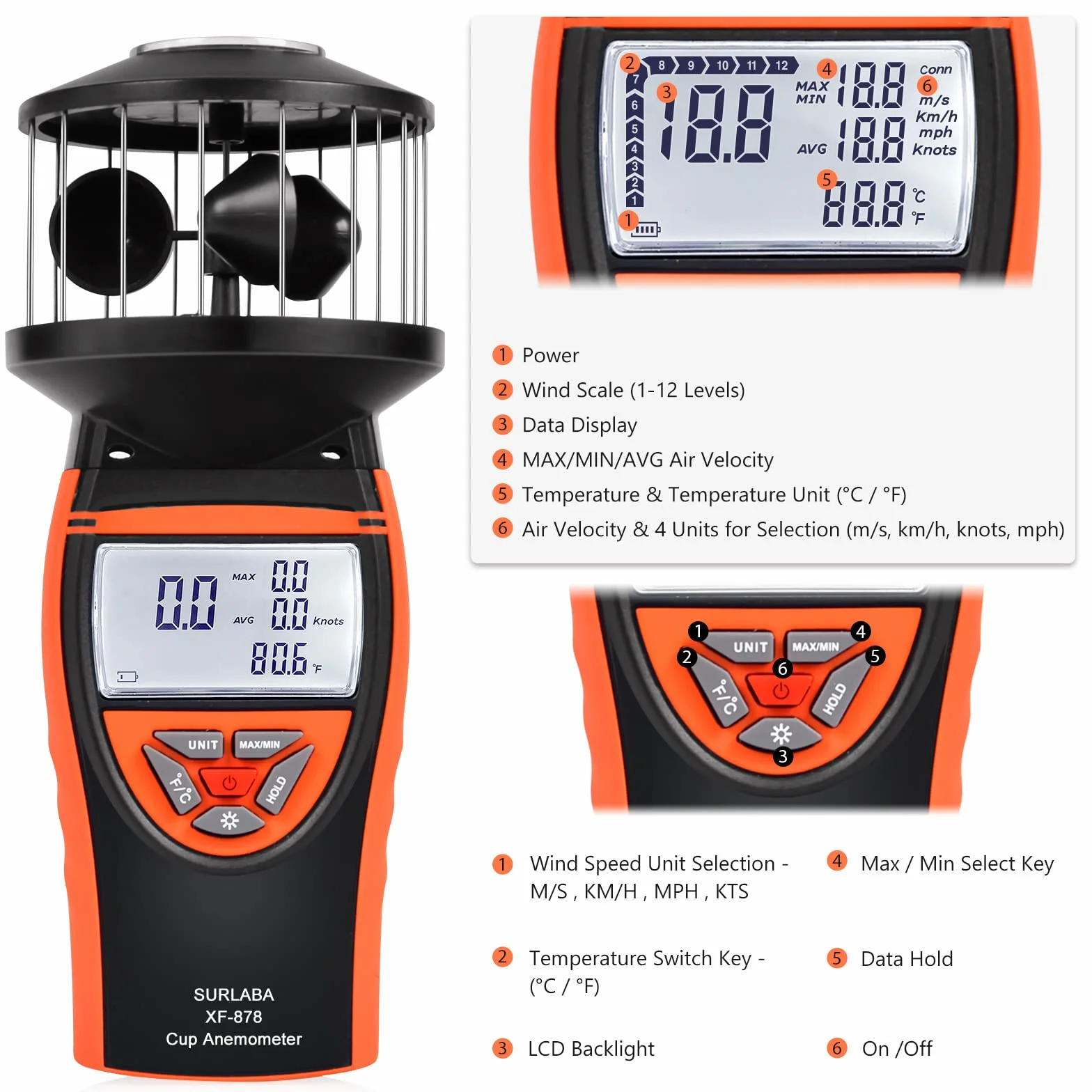Wind Cup Anemometr na Zewnątrz XF-878 Miernik Prędkości Wiatr Pole Pomiaru 0.7~42m/s z MAX/MIN/AVG Tryb i Temperatura Test, Przenośny miernik wiatr dla Strzelania, Dron, Żeglarstwo, Windsurfing