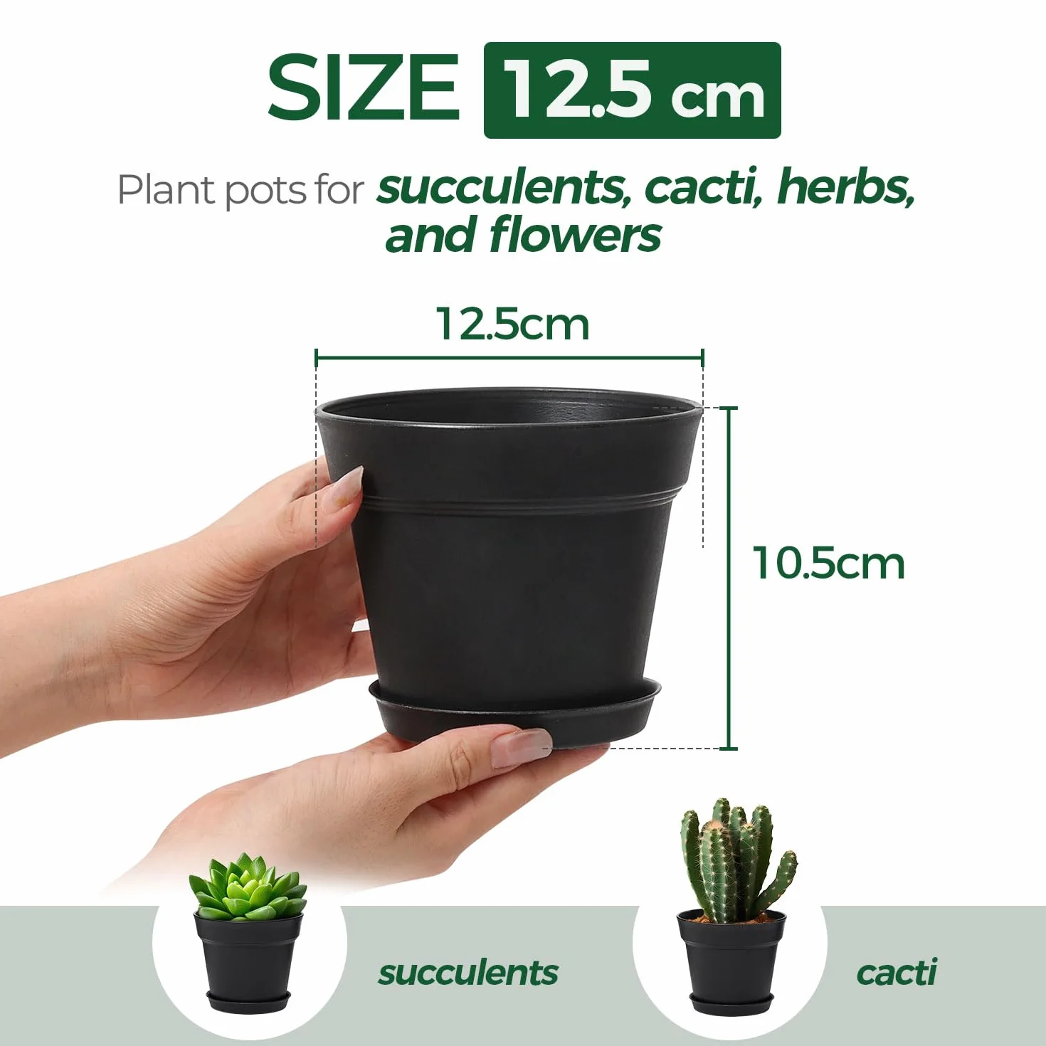 T4U okrągła doniczka 12.5 cm z Tworzywa Sztucznego z Podstawką, Zestaw 6 Doniczki Plastikowe z Otworami Drenażowymi, Doniczka do Roślin do Wnętrz i na Balkon, Czarna