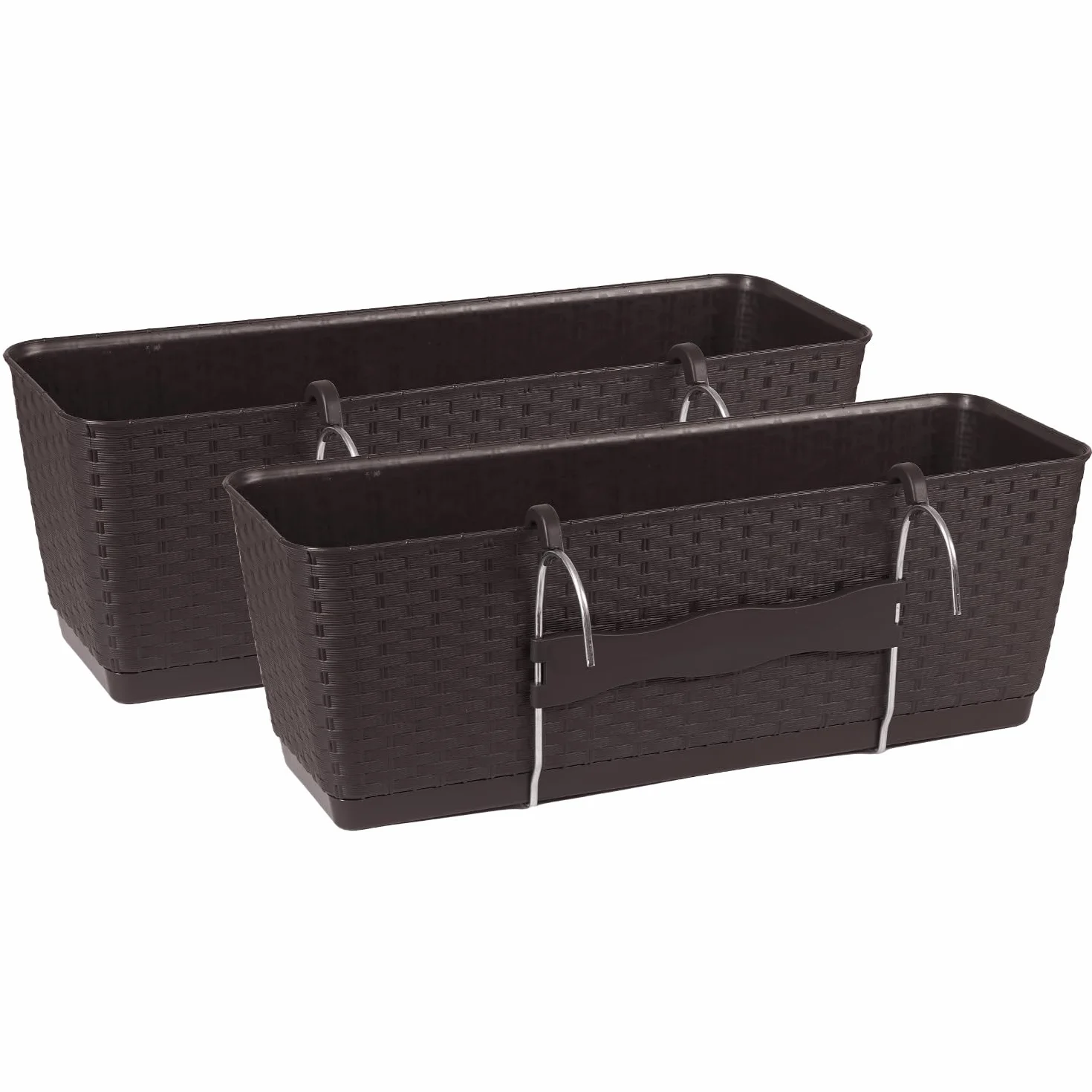 Tymar Skrzynki na kwiaty na balkon, balustrada, 2 sztuki, wygląd rattanu, w zestawie system nawadniania (2 sztuki) brązowe; 60 cm)