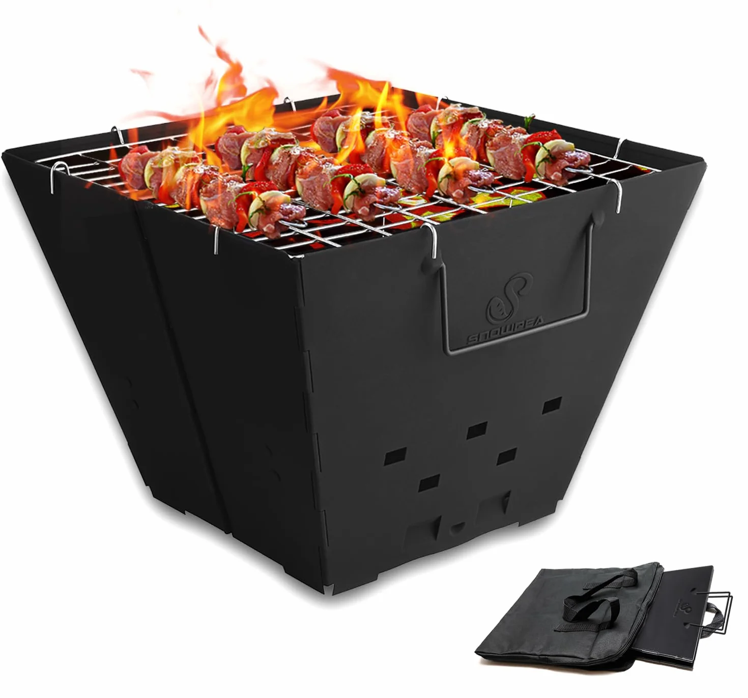 Snowpea składane przenośne palenisko z torbą do przenoszenia, żelazna miska, grill górny, czarny FP-01