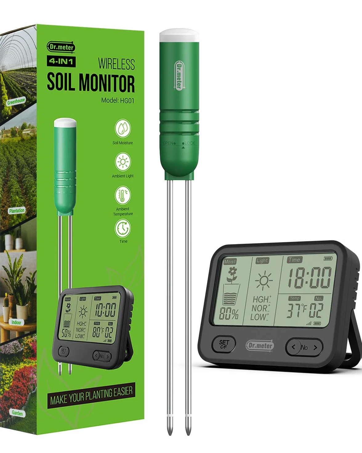 Dr.meter Tester wilgotności roślin, 4 w 1, higrometr roślin, tester gleby, temperatury/światła, czasu z wyświetlaczem LCD, do ogrodu, gospodarstwa, roślin trawowych wewnątrz i na zewnątrz (bateria nie
