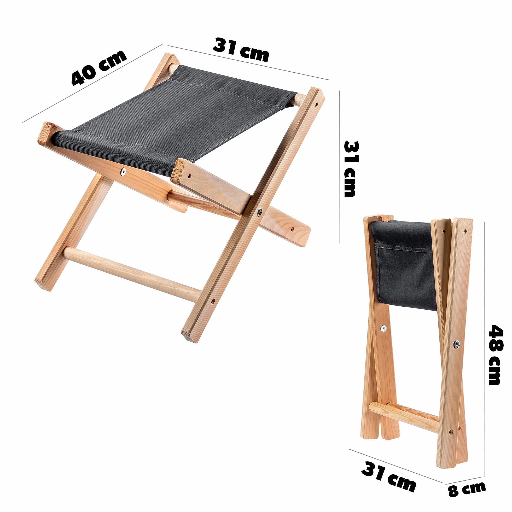 KADAX Taboret składany drewniany 31x31cm czarny, udźwig 100 kg, stabilna konstrukcja, do ogrodu, balkonu, tarasu i na kemping