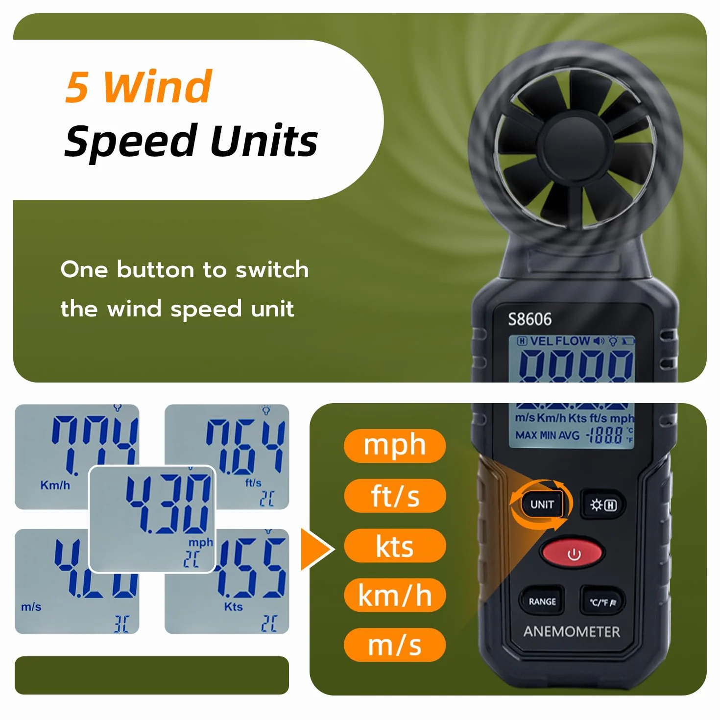 Cyfrowy miernik wiatru 3 w 1, anemometr ręczny z pomiarem prędkości wiatru, temperatury, windchill Wind Speed Meter do surfowania, drona, HAVC/żeglowania